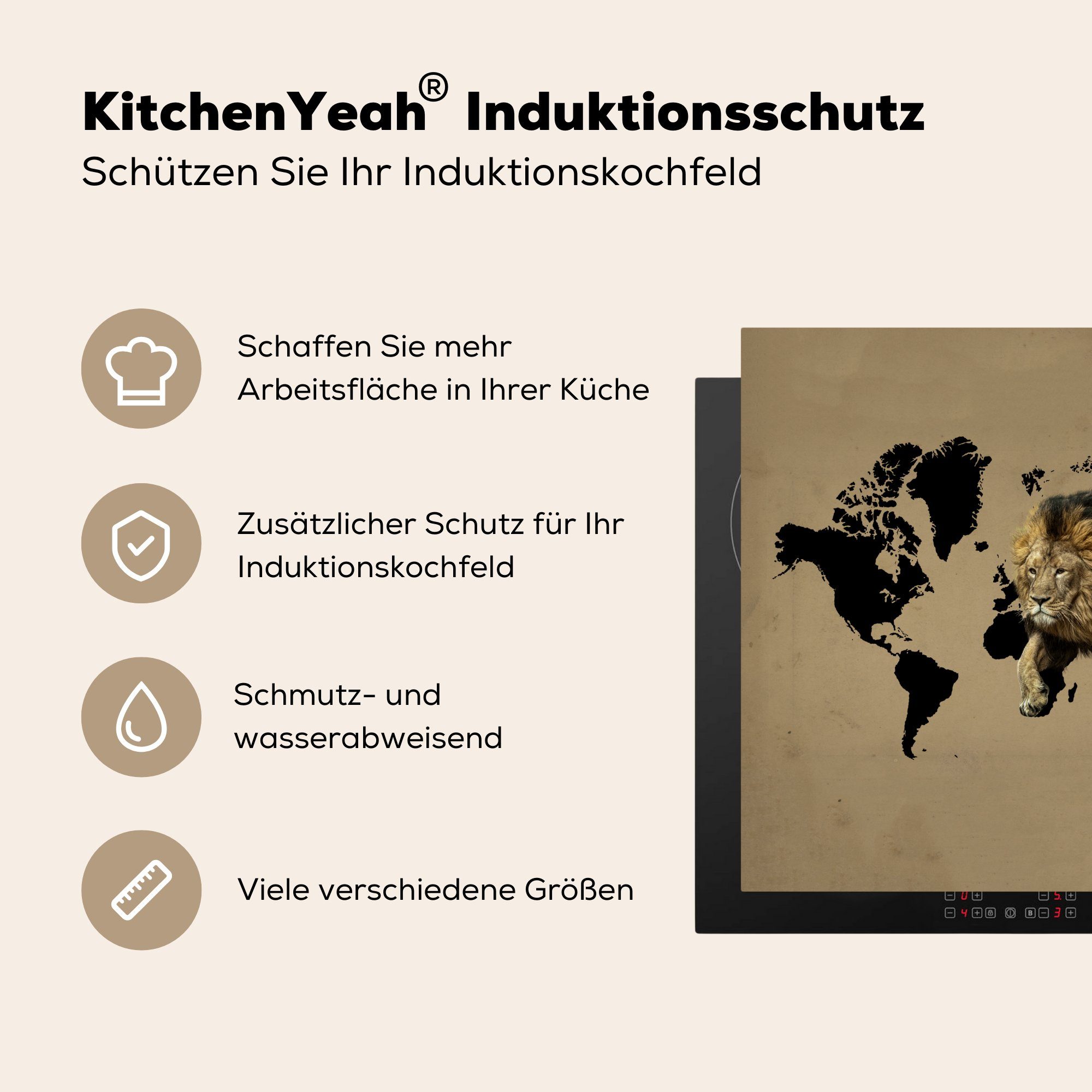 tlg), Ceranfeldabdeckung, Braun, Löwe Vinyl, küche 78x78 für - Herdblende-/Abdeckplatte Weltkarte - Arbeitsplatte MuchoWow cm, (1