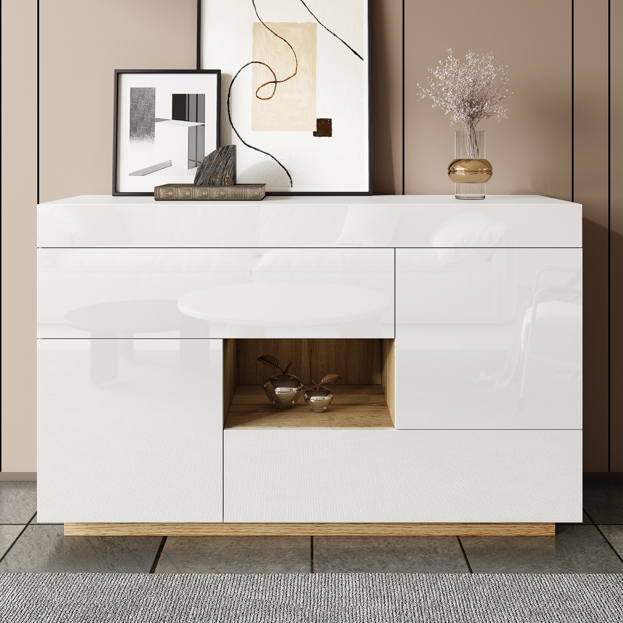 KLAM HOME Sideboard Hochglanz Sideboard, Vitrine, mit farbwechselnder LED-Beleuchtung, Wohnzimmerunterschrank mit Schubladen