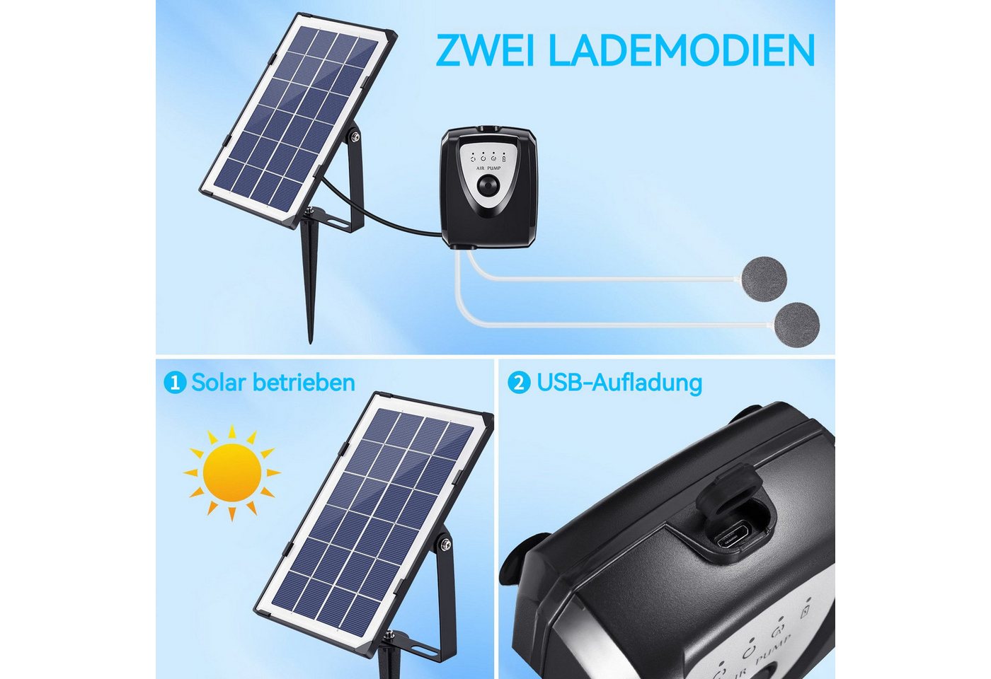 Thumbnail - BlingBin Teichbelüfter Solar Teichbelüfter Mit Akku Solar Sauerstoffpumpe für Teich Belüfter, (1er Set, 9-St., 11 Stück)...