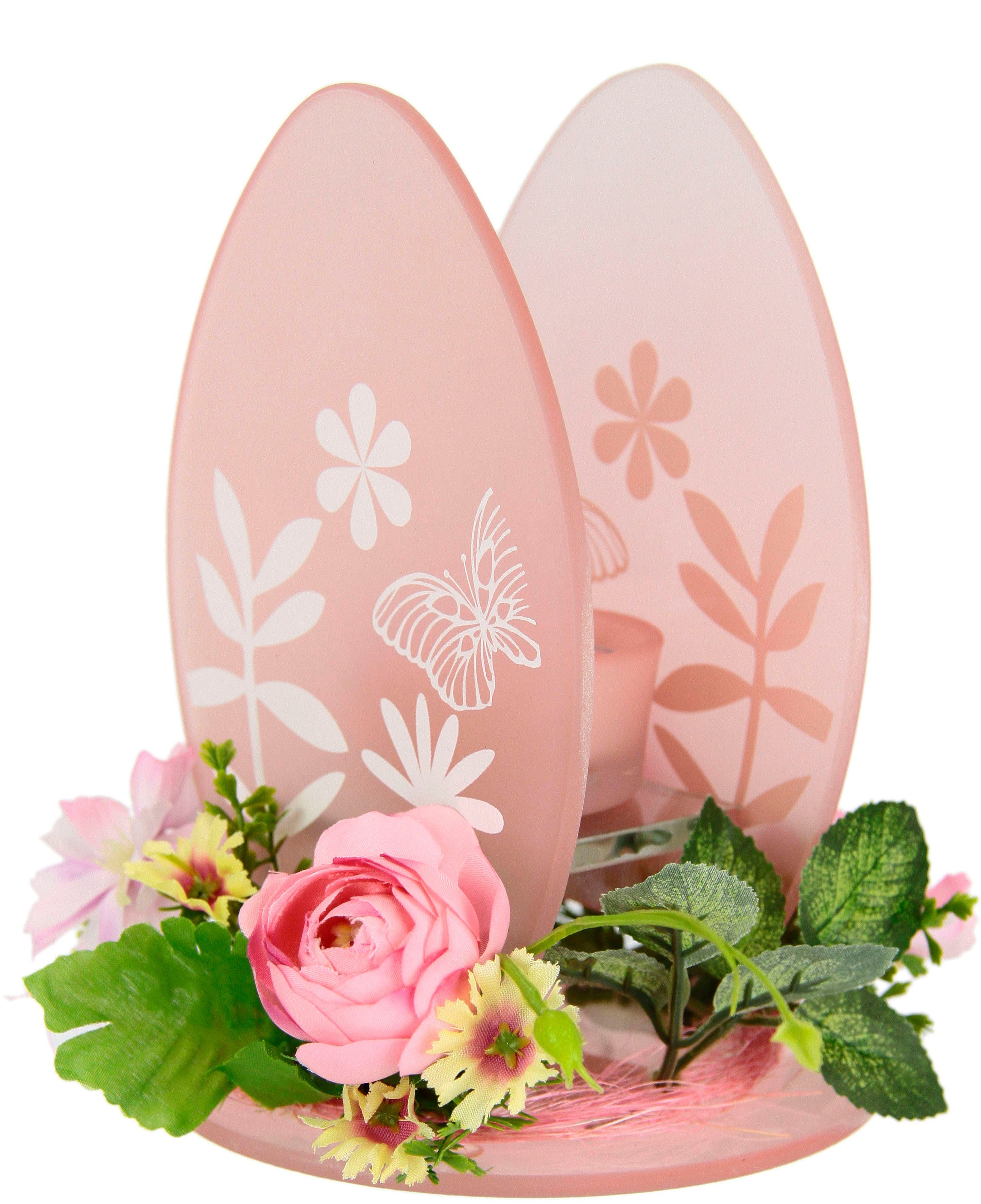 I.GE.A. Teelichthalter Ei, 2er Set Windlicht Osterhase Glas Holz Kerzenleuchter Frühlingskranz 3D