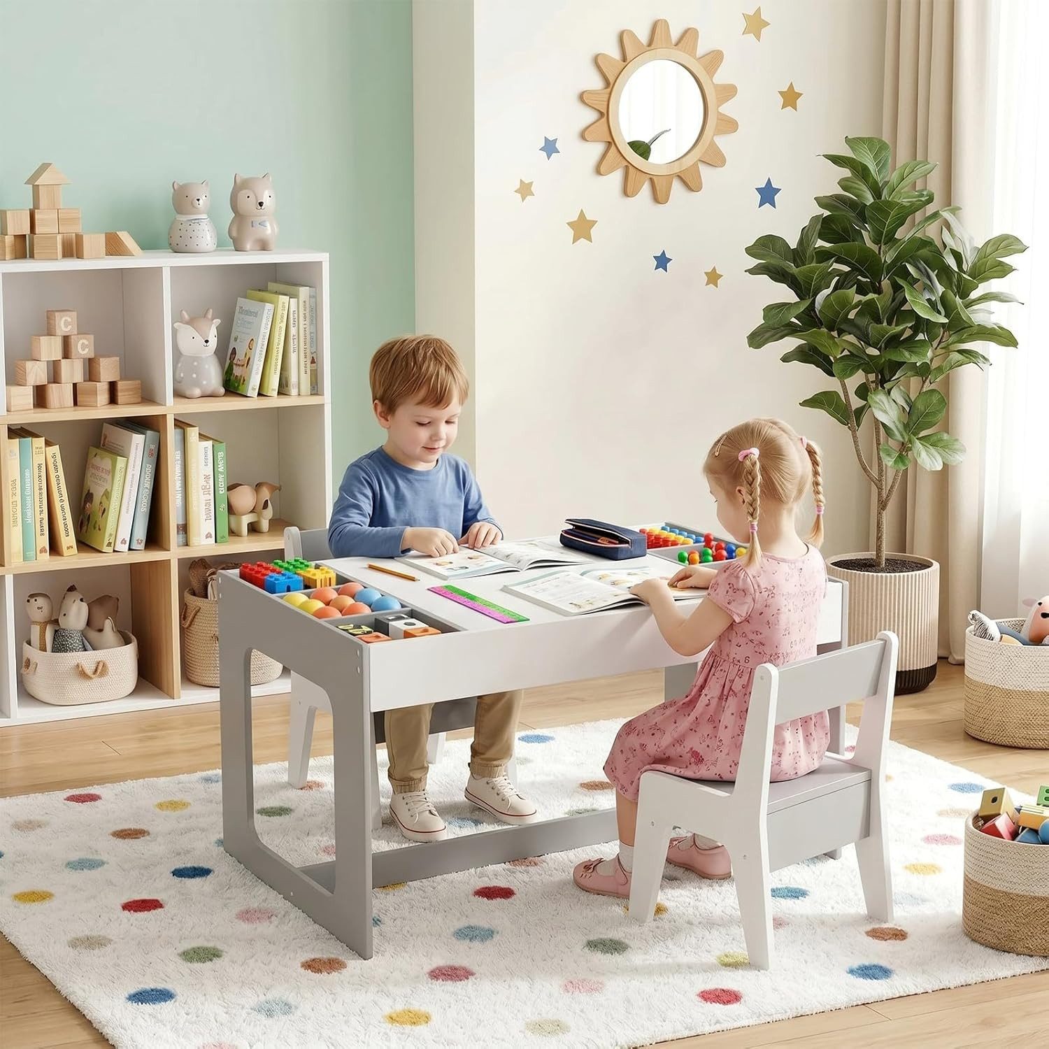 TLGREEN Kindertisch mit 2 Stühlen, Kindersitzgruppe (Kinder Tisch Stuhl Set mit wendbarer Tischplatte, 80 x 48 x 48 cm), Kinderschreibtisch für Schule, Kindertagesstätte, Kinderzimmer