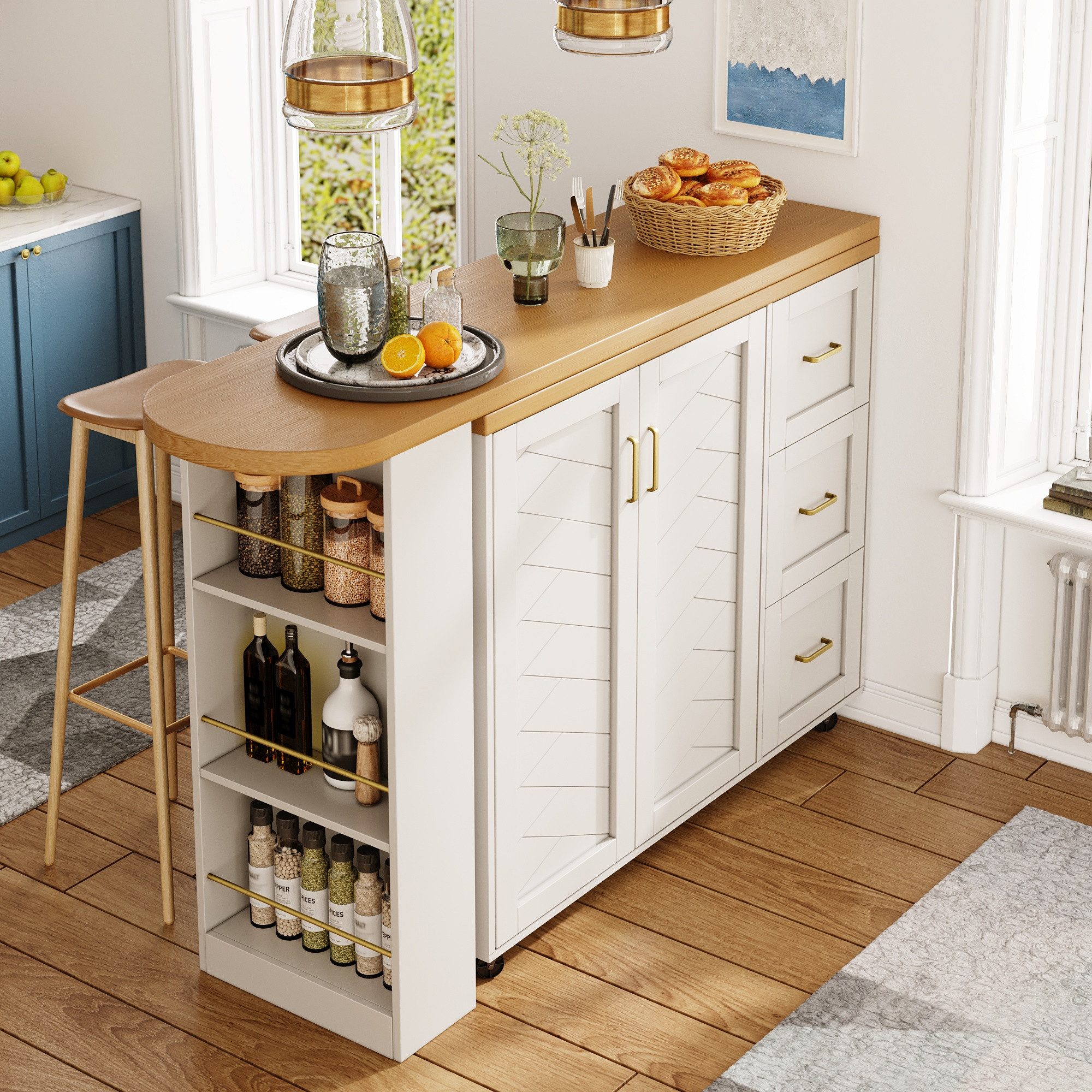 Flieks Bartisch 360° drehbar Esstisch & Mehrzweckschrank (Arbeitsplatte in Holzoptik, Set, 2-St., Stehtisch & Kommode mit Rollen, 3 Schubladen und Türablagen We – Bild 3 von 5