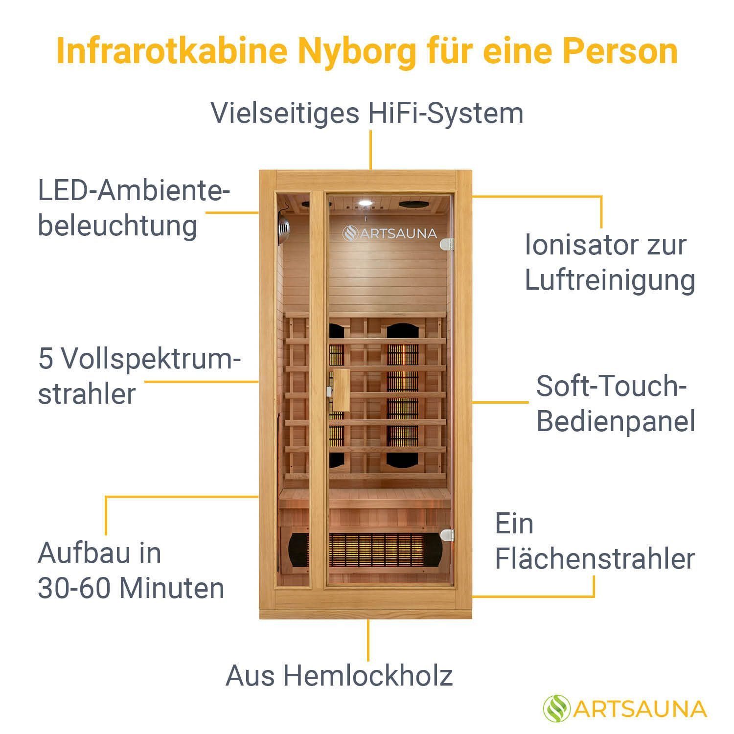 Artsauna Infrarotkabine Nyborg S90V, für 1 Personen, Hemlockholz, HiFi-System, Ionisator, LED-Farblicht