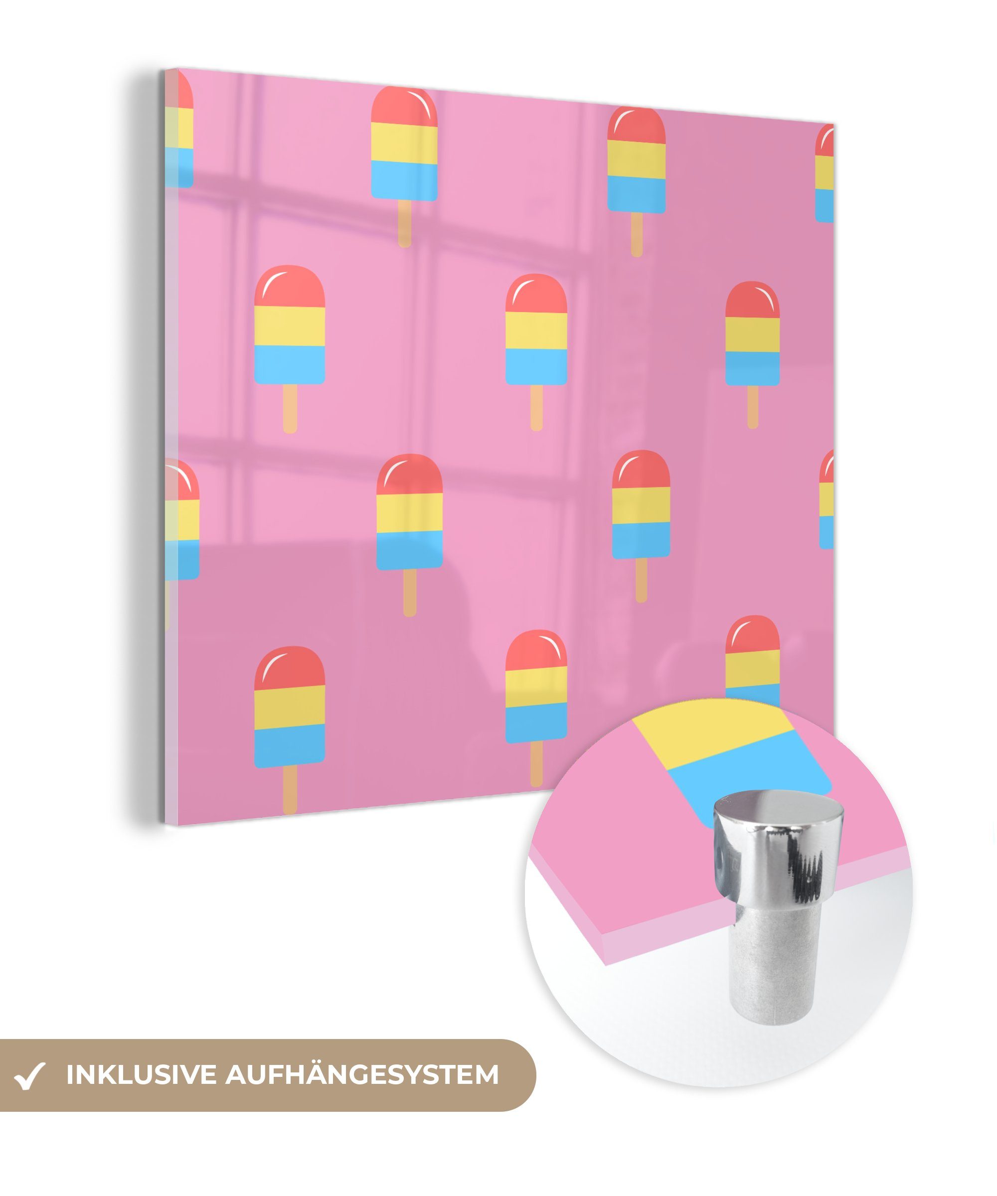 MuchoWow Acrylglasbild Eis - Muster - Rosa - Farben, (1 St), Glasbilder - Bilder auf Glas Wandbild - Foto auf Glas - Wanddekoration