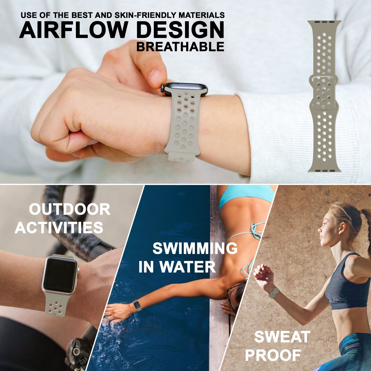 Nalia Smartwatch-Armband Apple Watch 38mm/40mm/41mm, Ersatzband Fitness / Stein / für Grau Atmungsaktiv Silikon Uhr Sport Gelochtes