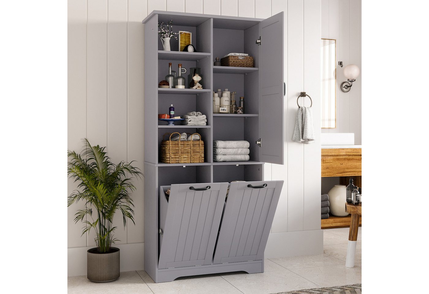 Flieks Badkommode Hochschrank mit doppelter Wäschekorb, 7 Fächern (B78/T35/H172,7 cm, 1 St., mit verstellbaren Einlegeböden und 2 Klappen), Badezimmerschrank feuchtigkeitsbeständiger Holzschrank aus MDF Grau