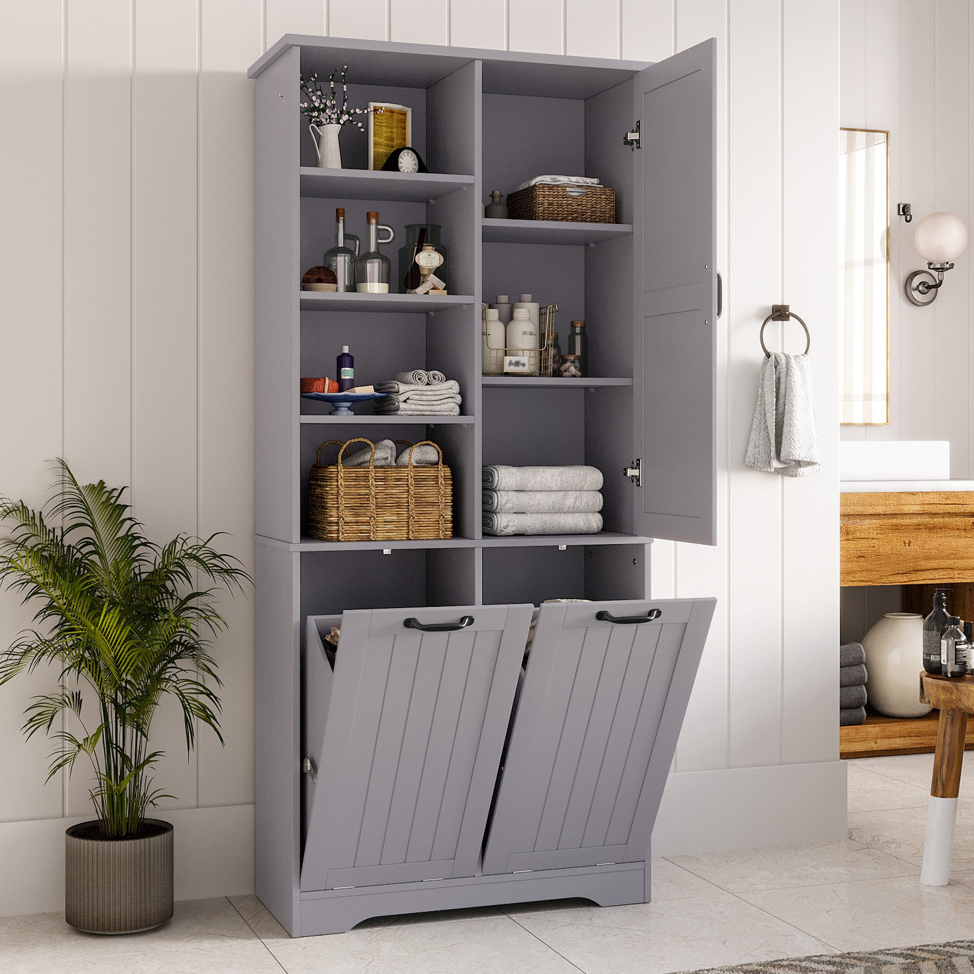 Flieks Badkommode Hochschrank mit doppelter Wäschekorb, 7 Fächern (B78/T35/H172,7 cm, 1 St., mit verstellbaren Einlegeböden und 2 Klappen), Badezimmerschrank feuchtigkeitsbeständiger Holzschrank aus MDF Weiß