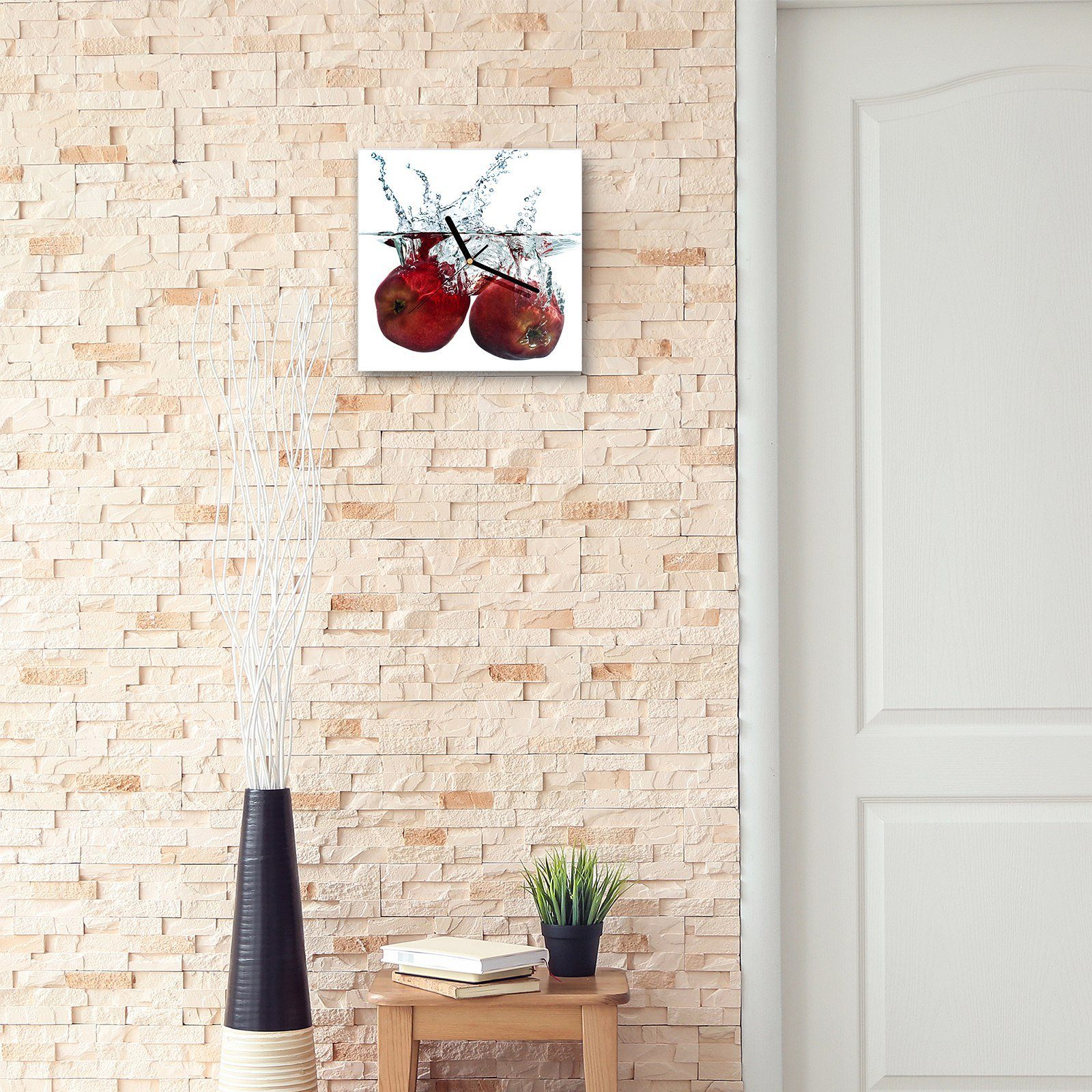 Primedeco Wanduhr Glasuhr Wanduhr mit Äpfel Größe Wandkunst im Splash cm 30 Motiv 30 x