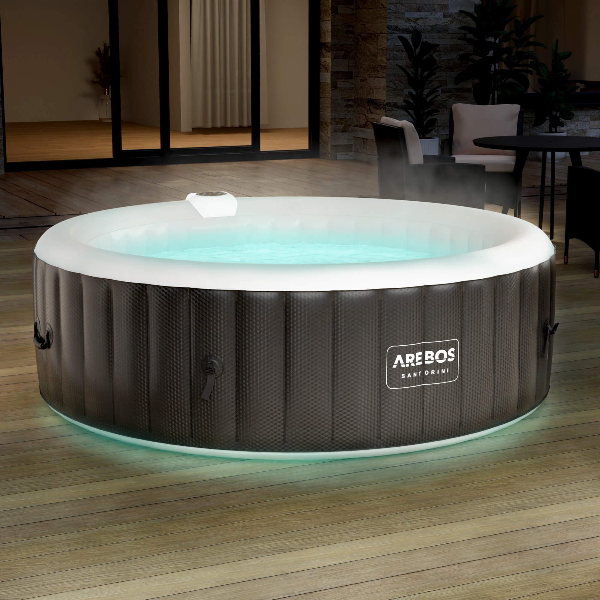 Arebos Whirlpool SANTORINI aufblasbar für bis zu 6 Personen mit 130 Massagedüsen, (Komplett-Set, mit LED-Beleuchtung, 208 x 208 cm), für Outdoor & Indoor