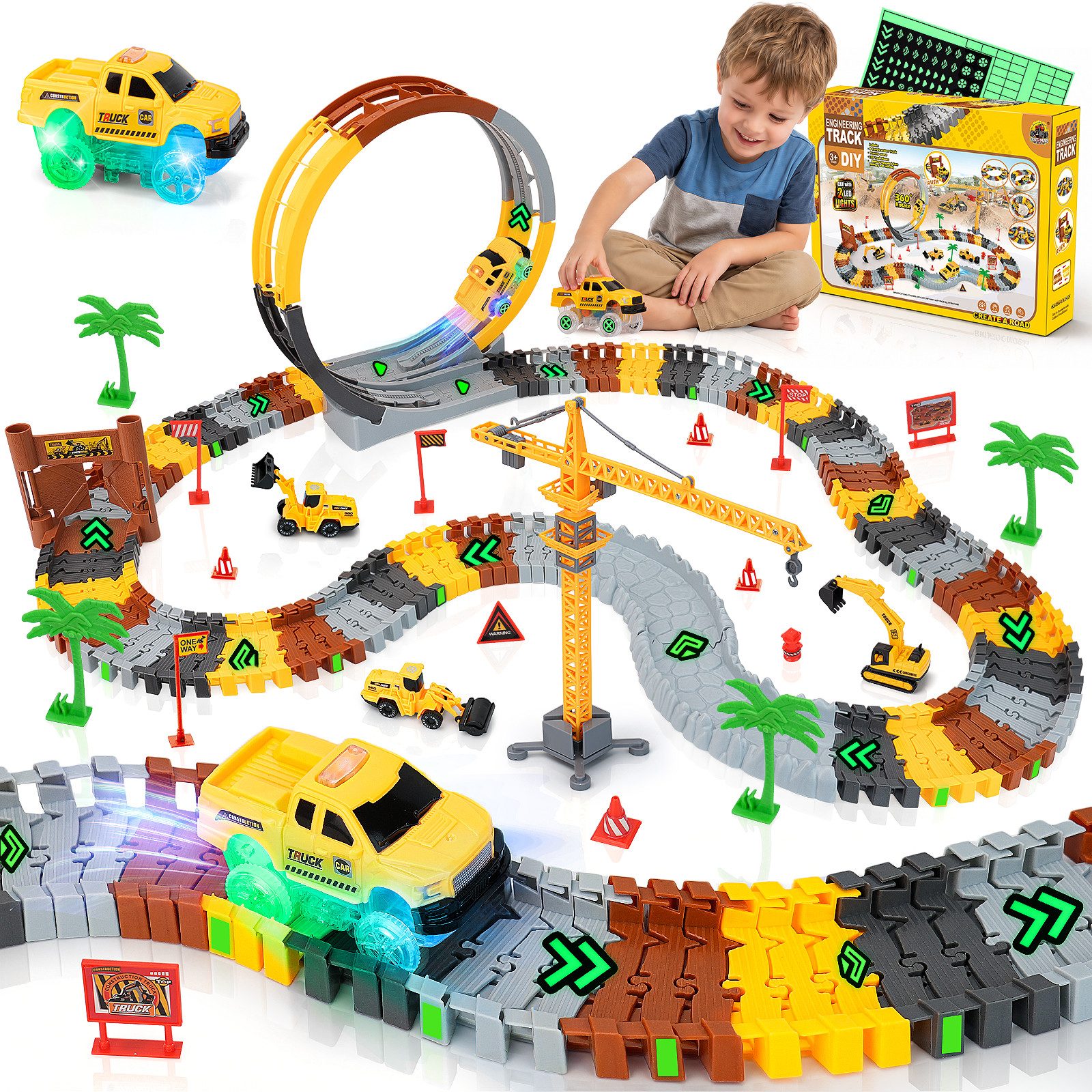 Coroiesty Autorennbahn 360°-Rennbahn-Bausatz zum Selberbauen – Geschenk für Kinder, (Set), Bahnteile, 360° Schleife, Zubehör, Aufkleber, flexibel kombinierbar
