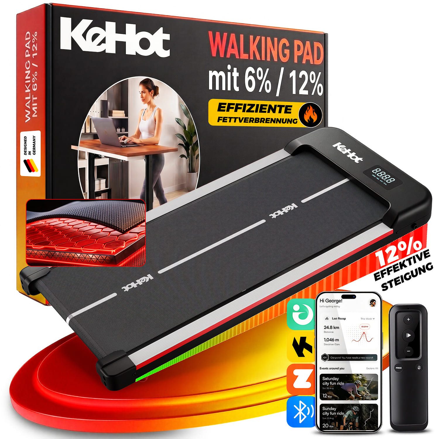 kehot Laufband Flaches WalkingPad mit 12% Steigung & Leisem Motor für Home & Office (Kompakte Laufplatte mit 1–6 km/h,Bluetooth-APP,Gelenkschonendem Design, 40×95 cm Lauffläche, LED-Display für Zeit, Distanz, Kalorien & Tempo), Stabile Konstruktion bis 10