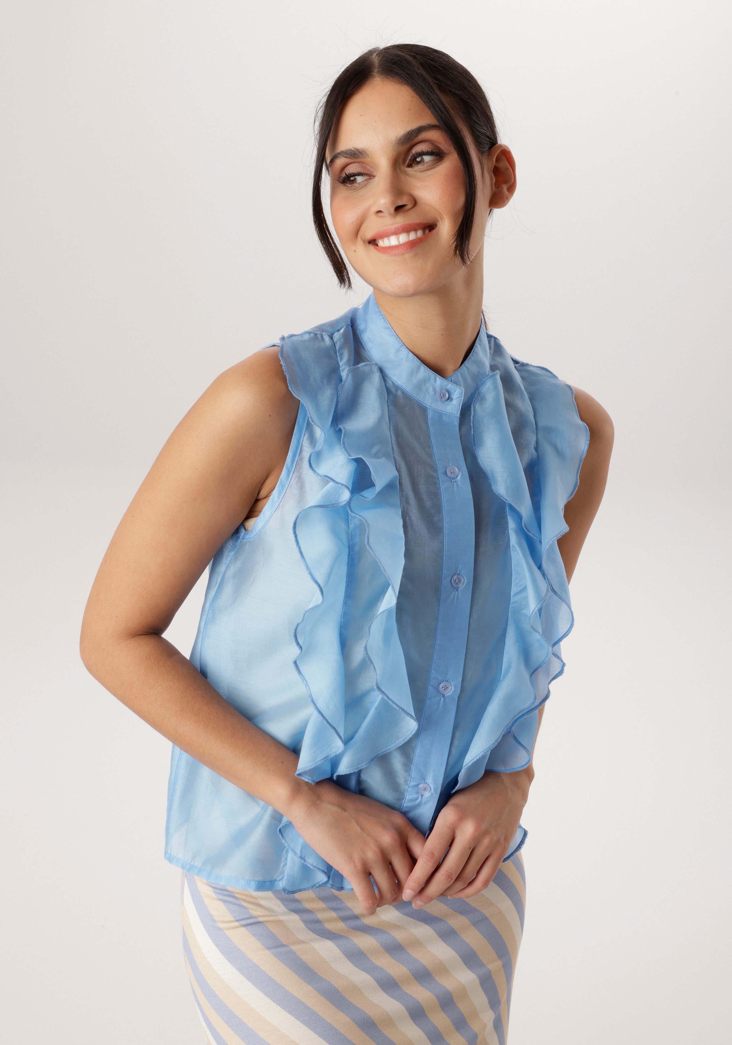 Aniston SELECTED Blusentop kleiner Stehkragen und längs verlaufende Volants günstig online kaufen