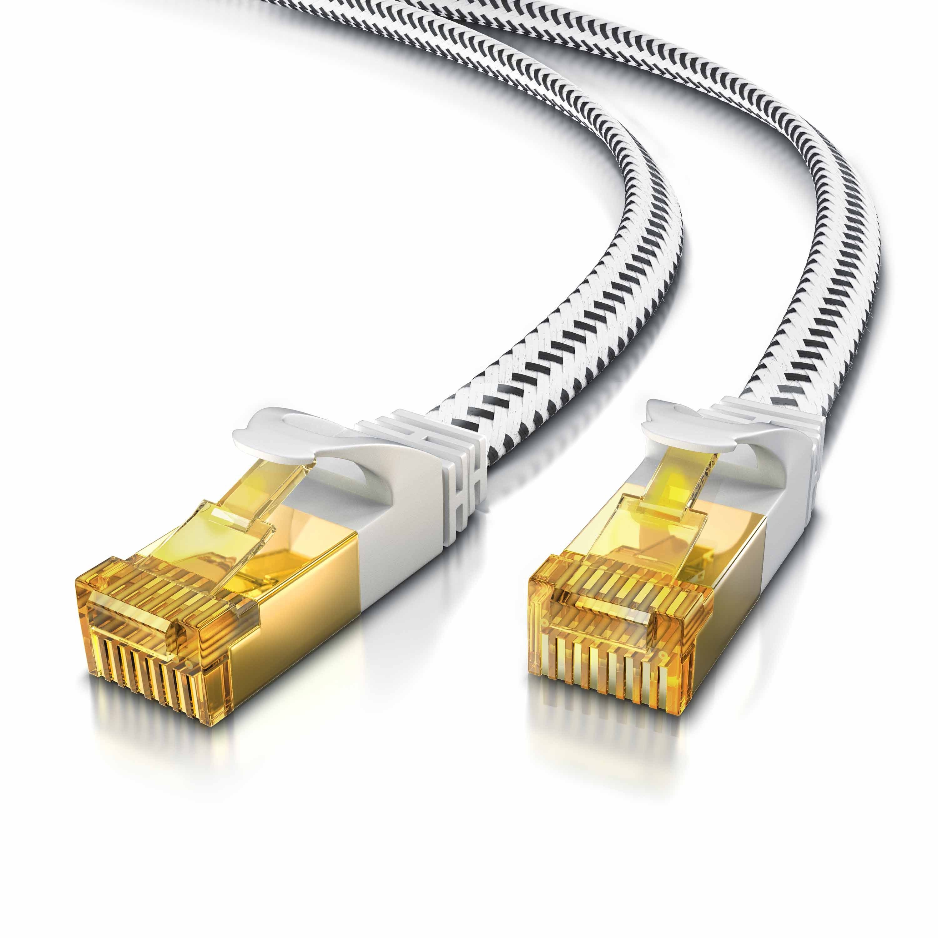 Primewire Patchkabel flach CAT 7, Baumwollmantel, Flachband Netzwerkkabel - 1m LAN-Kabel, CAT.7, RJ-45 (Ethernet) (100 cm), für Router, Modem, Switch, PC, ideal für Gaming, Streaming, Homeoffice