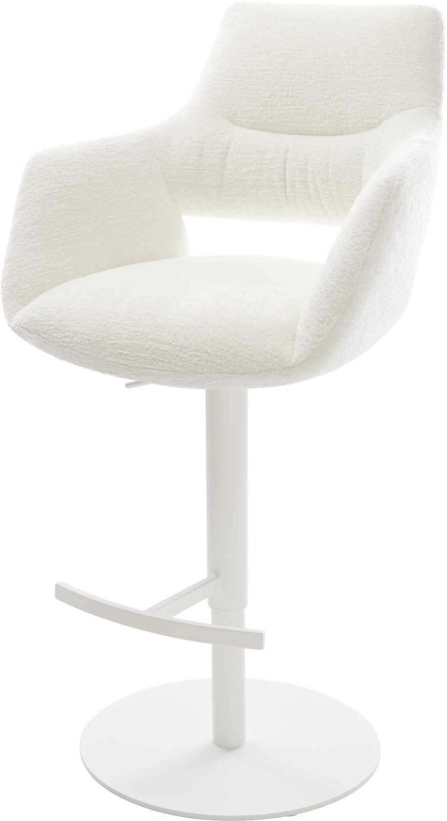 DELIFE Barhocker Yago-Flex, Drehfuß höhenverstellbar Metall Weiß Bouclé Soft Beige Taschenfederker