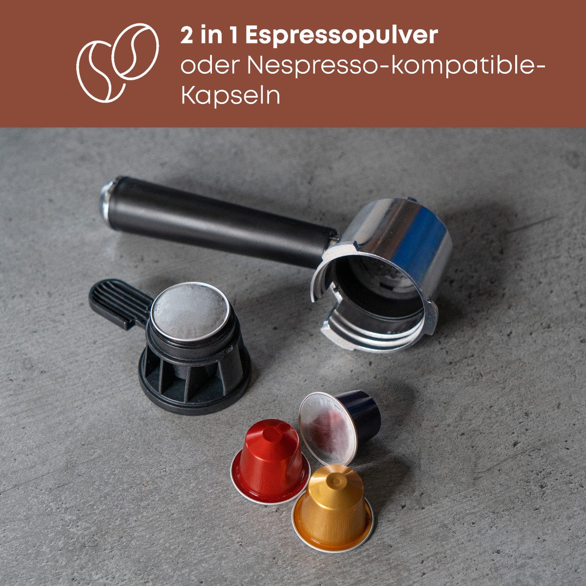 ProfiCook Espressomaschine PC-ES-KA 1266, für Kaffeepulver und Nespresso kompatible Kapseln