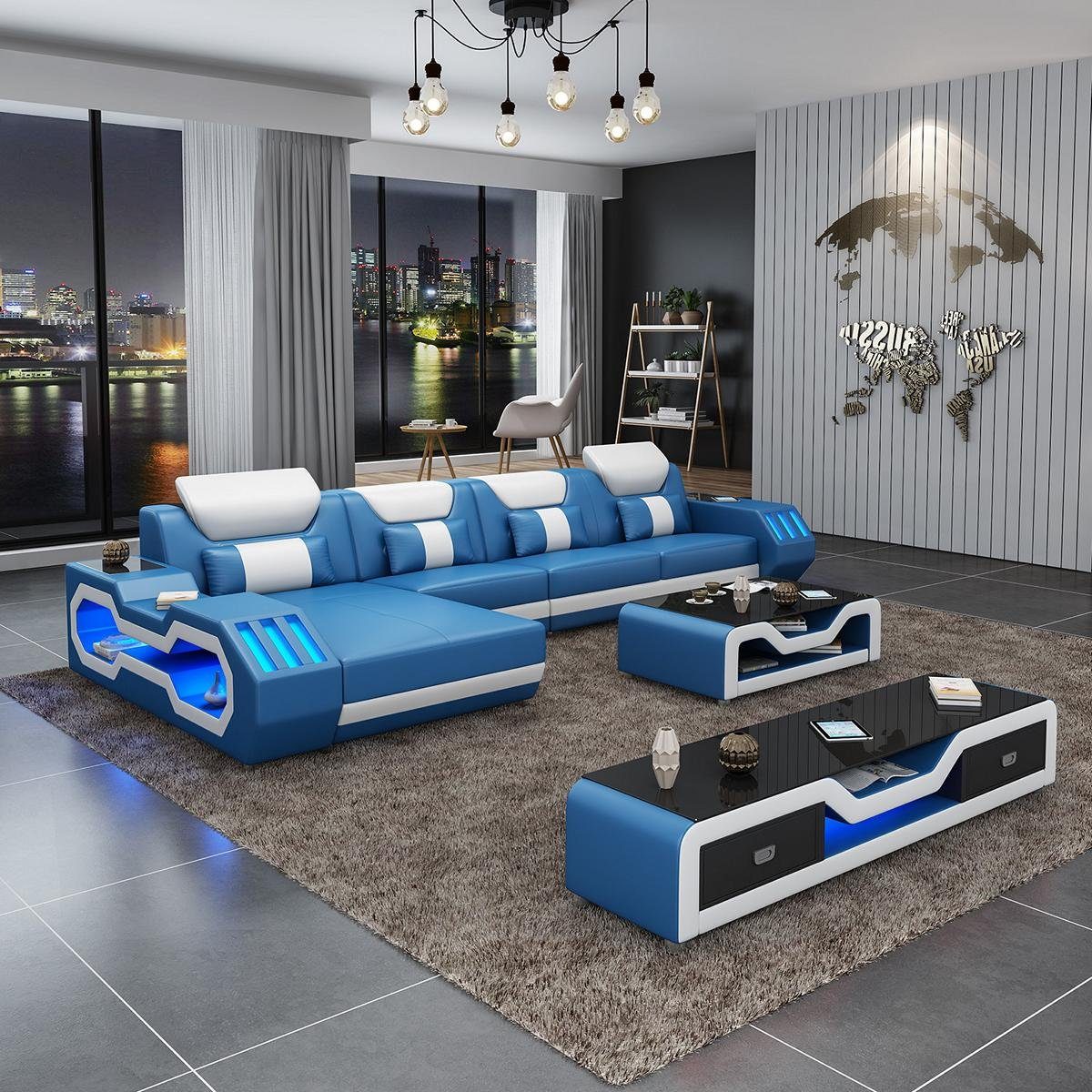 Blau/Weiß L-Form Wohnzimmer-Set, Wohnlandschaft Ledersofa JVmoebel Sofagarnitur Couch Sofa Modern