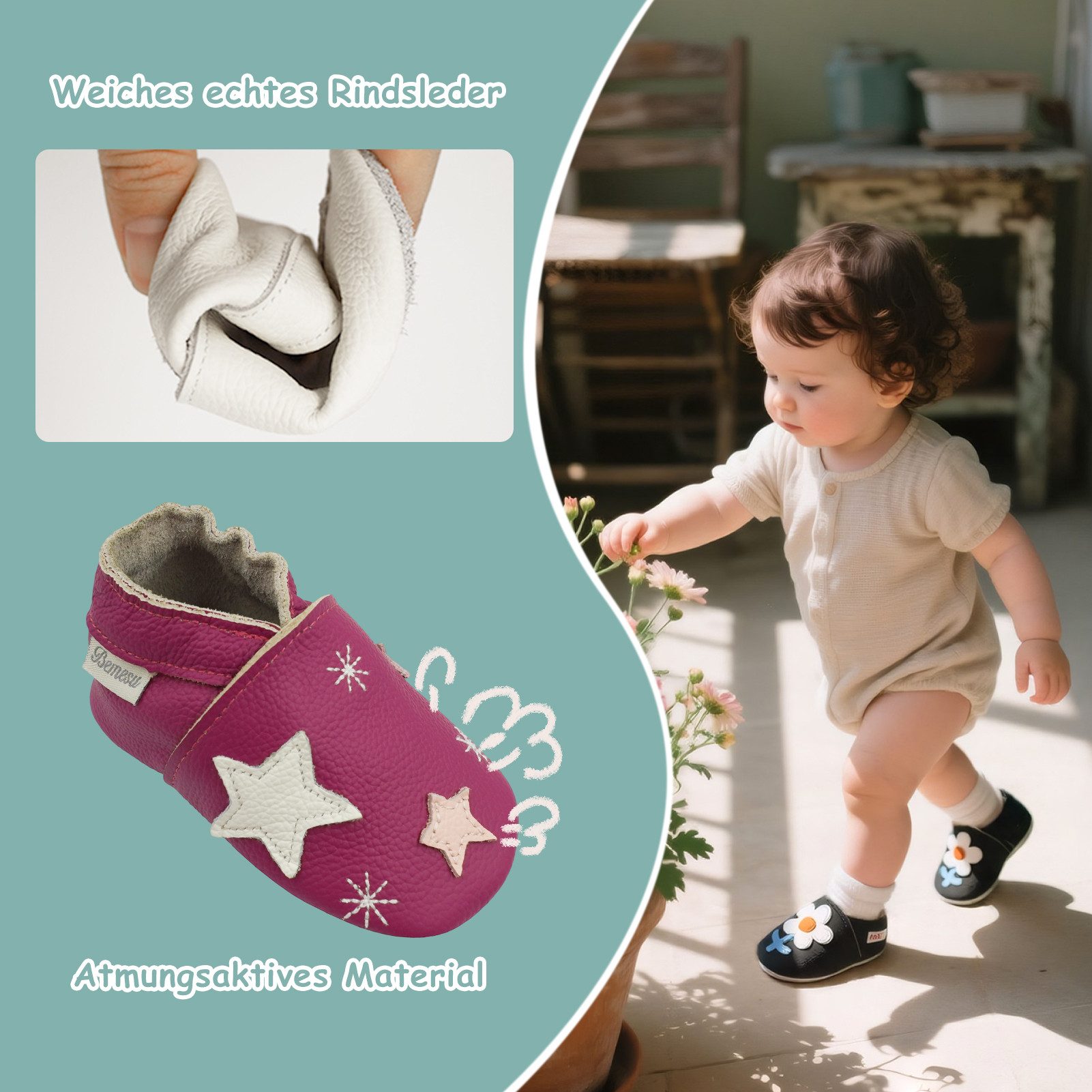 Bemesu Bemesu Baby Leder Krabbelschuhe Lauflernschuhe weich rutschfest Krabbelschuh (Muster: Löwe)