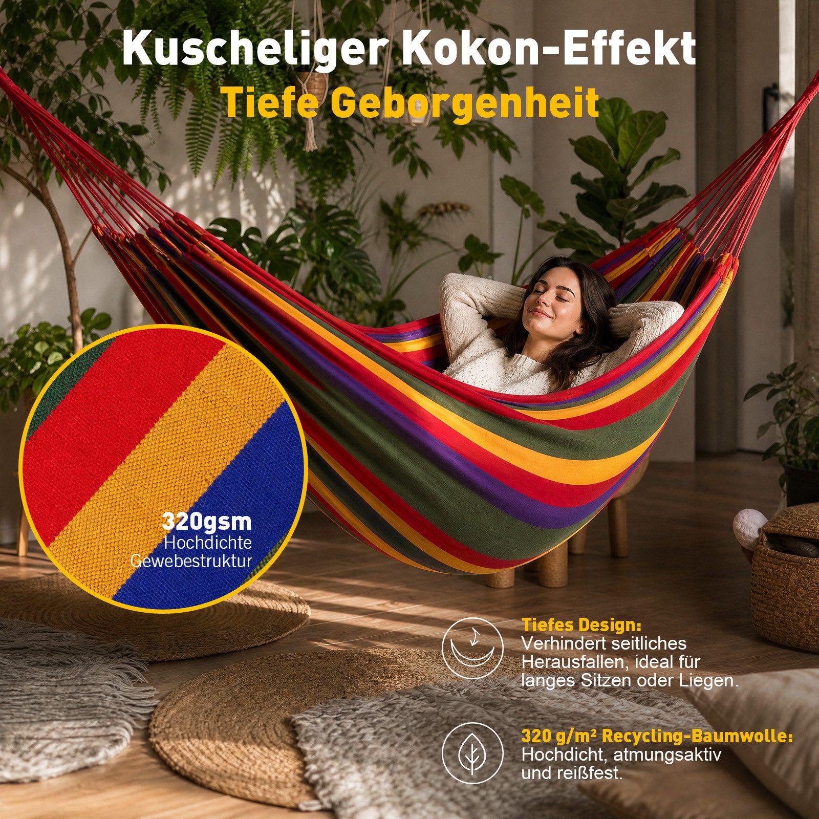 Sekey Hängematte mit Karabinern Tragetasche aus Baumwolle Doppelhängematte für Outdoor, bis 200 kg belastbar, für Garten, Balkon, Terrasse, Indoor und Camping – Bild 5 von 5