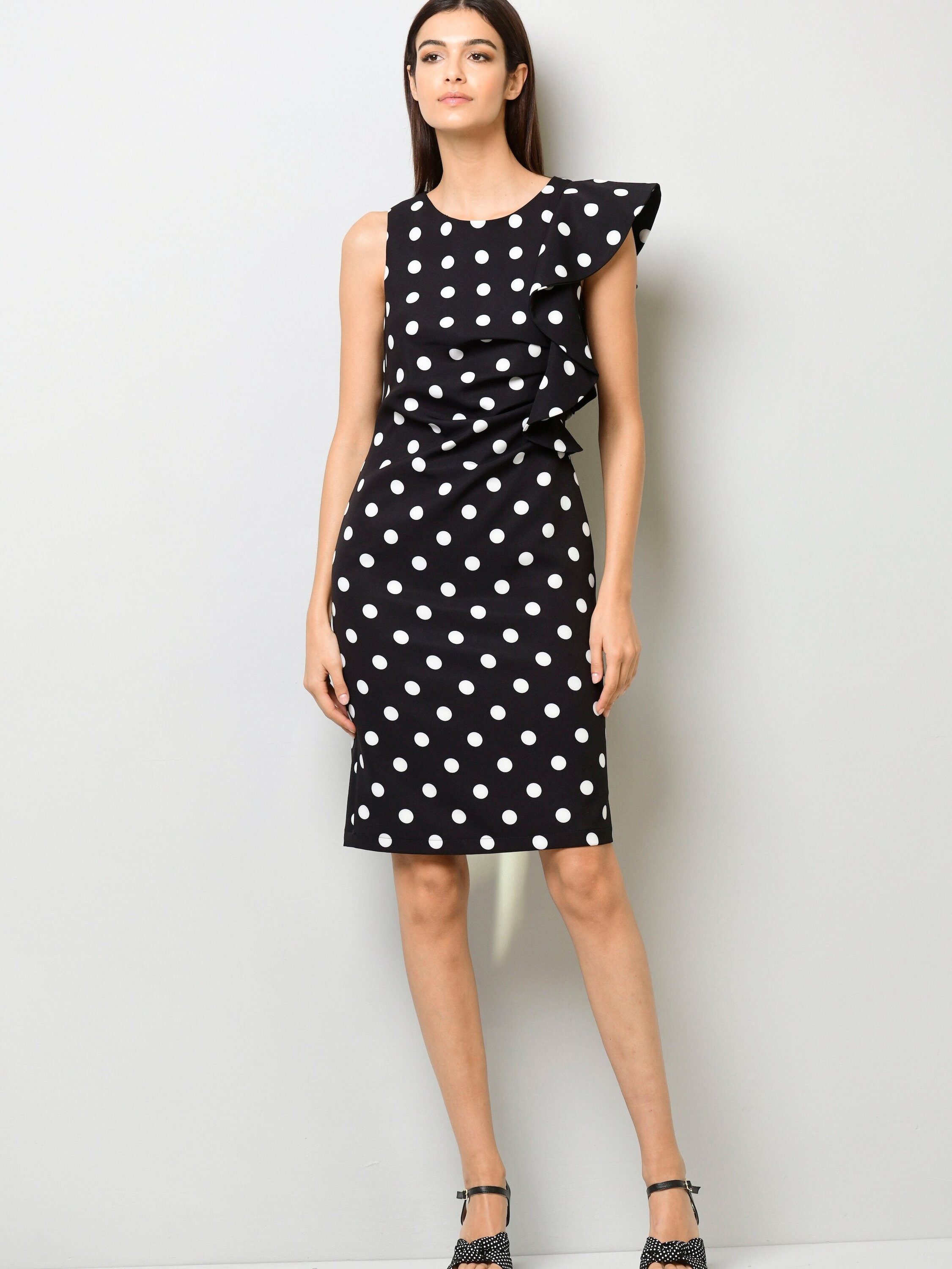 Alba Moda Etuikleid Gepunktetes Volantkleid in Midi-Länge Gepunktetes Design mit rundem Ausschnitt und ohne Verschluss