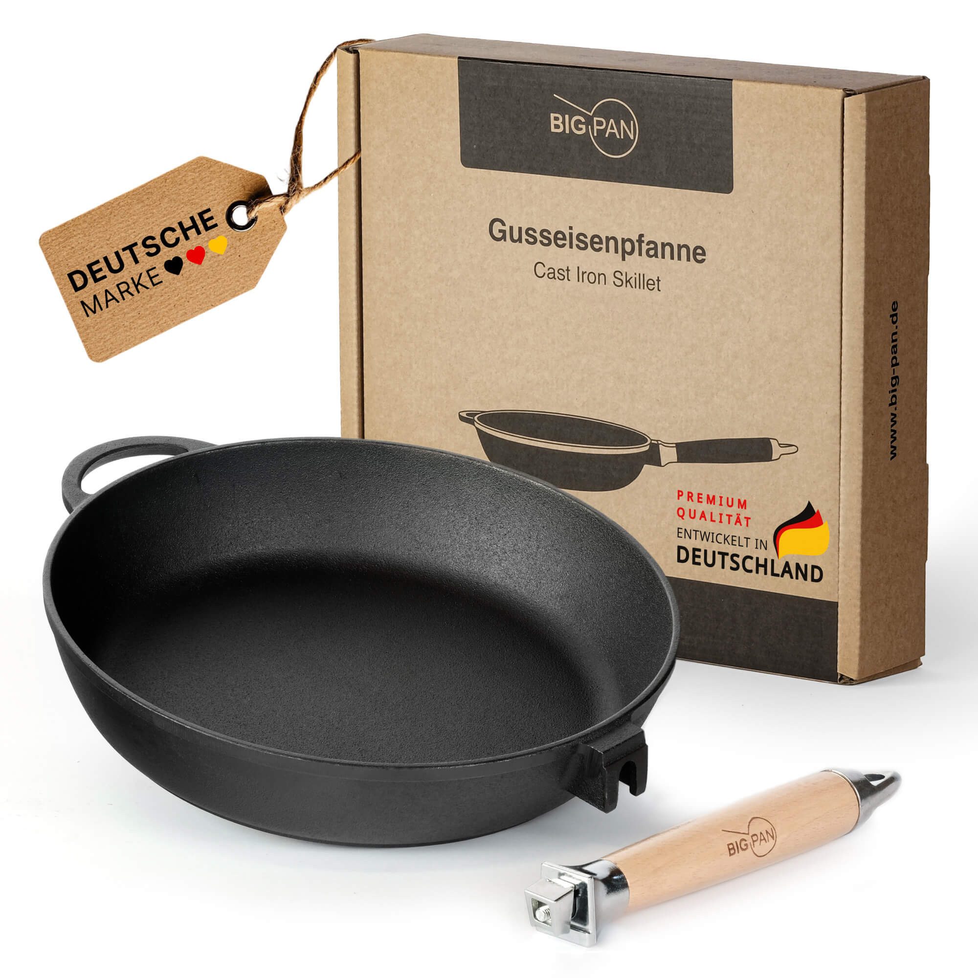 BIG-PAN Schmorpfanne Premium Gusseisenpfanne 26 cm tief Induktion mit abnehmbarem Holzgriff, Gusseisen (Pfanne Gußeisenpfanne Eisenpfanne, Cast Iron Pan), Induktion backofenfest UNBESCHICHTET