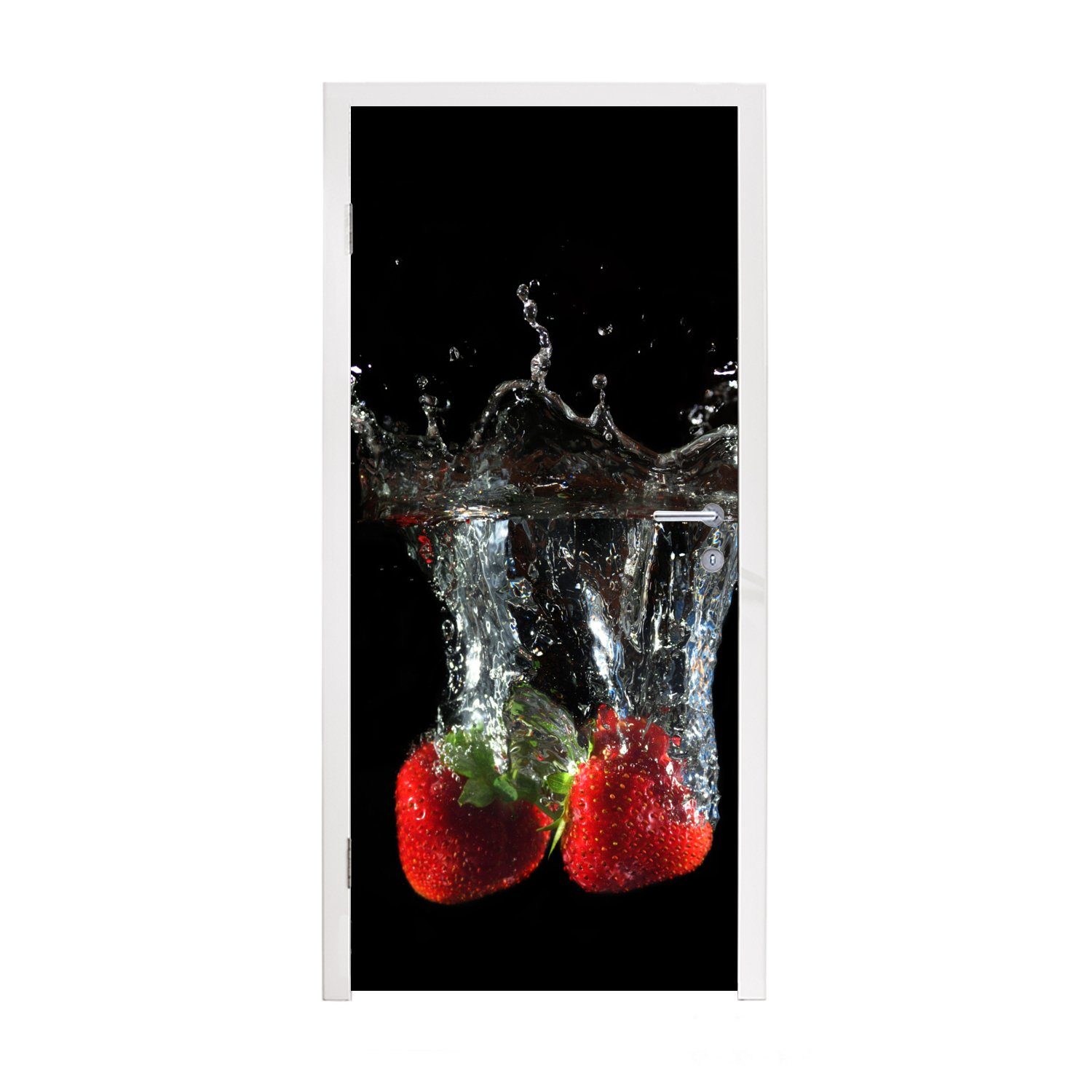 Tür, - Obst bedruckt, Erdbeeren Matt, Rot, cm für 75x205 - Türaufkleber, Türtapete (1 MuchoWow - St), - Fototapete Schwarz Wasser