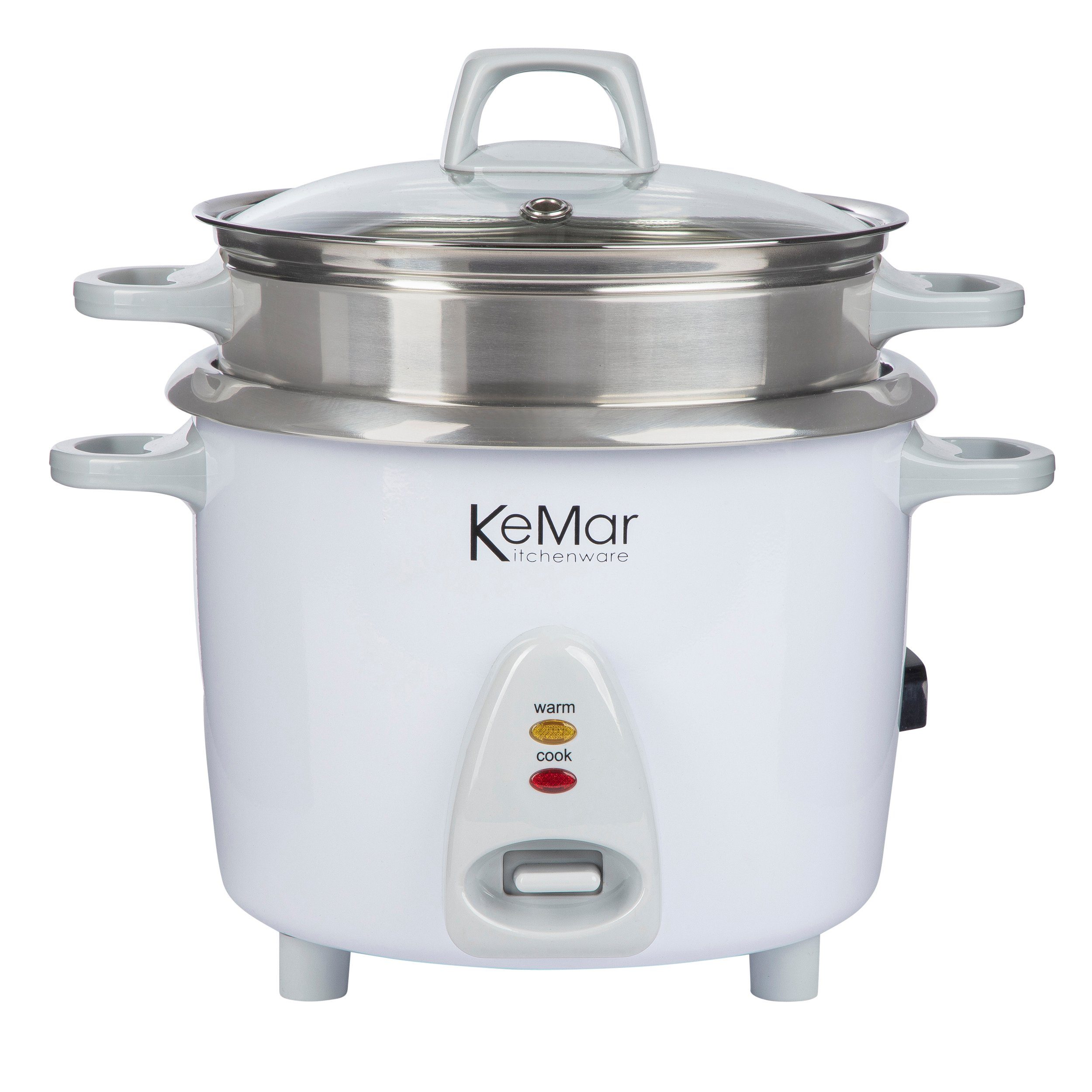 KeMar Kitchenware Reiskocher KRC-200, 500 W, Innentopf aus Edelstahl, Glasdeckel, Bambuslöffel