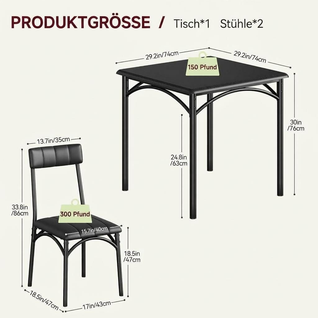 GarveeMore Essgruppe Ktichen Tisch mit 2 Stühlen für Küche & Esszimmer, Kompaktes Esszimmer-Set für kleine Räume(mit 2 Weiches Kissen Stühlen) – Bild 2 von 5