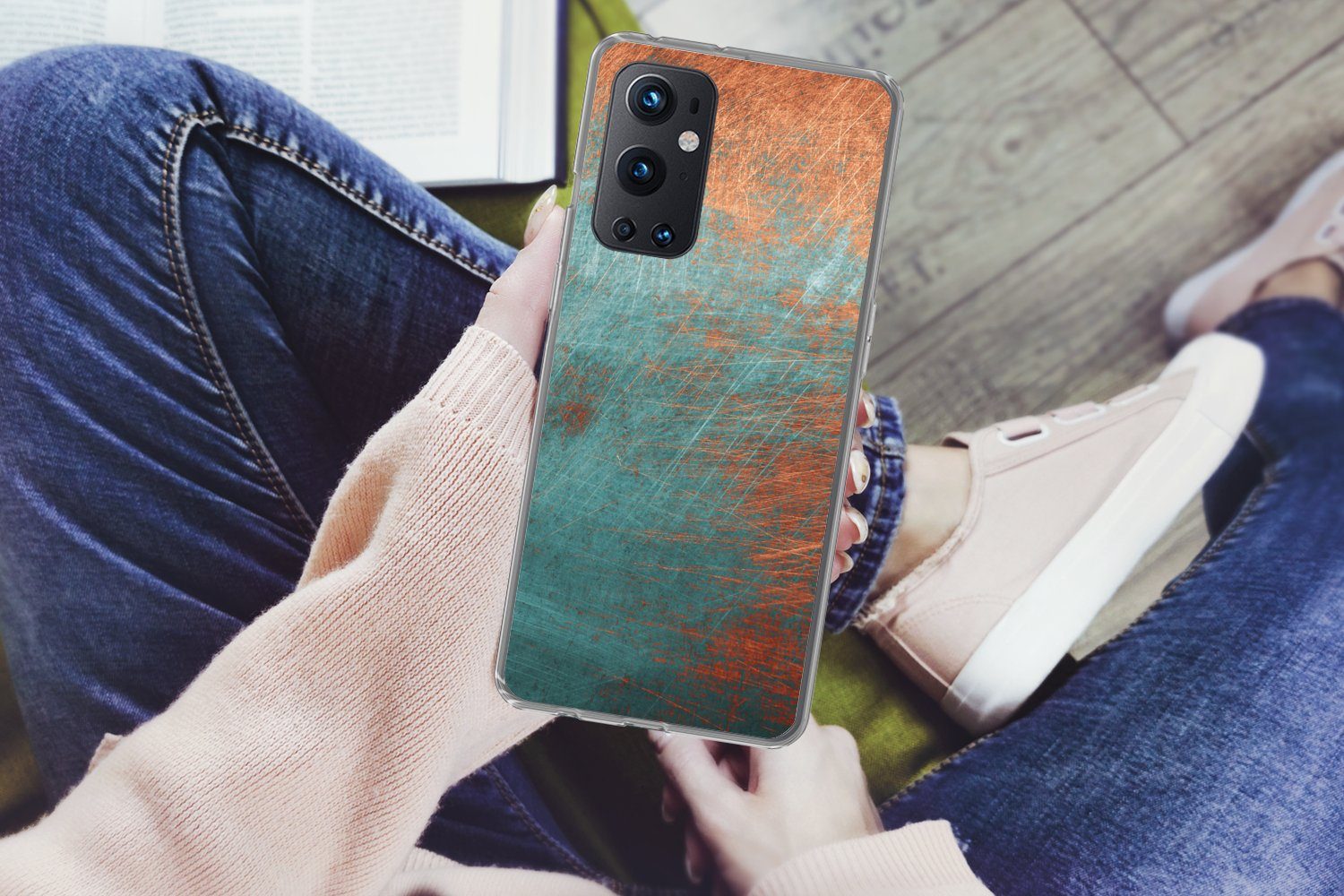 MuchoWow Handyhülle für OnePlus 9 Pro Metall - Rost - Bronze - Blau - Abstrakt - Struktur, Phone Case, Silikon, Schutzhülle Dünn
