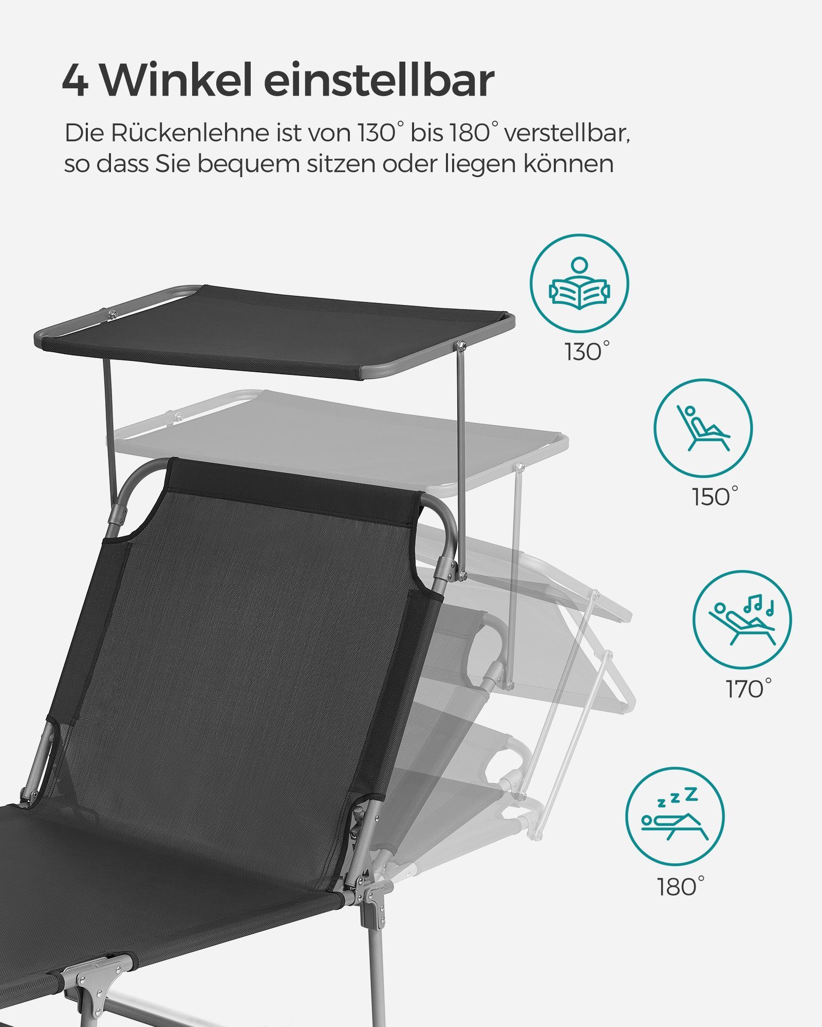 SONGMICS Gartenliege Sonnenliege, klappbarer Liegestuhl, für Garten, Pool, Terrasse, 2 St., bis 150 kg belastbar, 193 x 53 x 29 cm, Sonnenschutz, Kopfstütze, ve – Bild 4 von 5