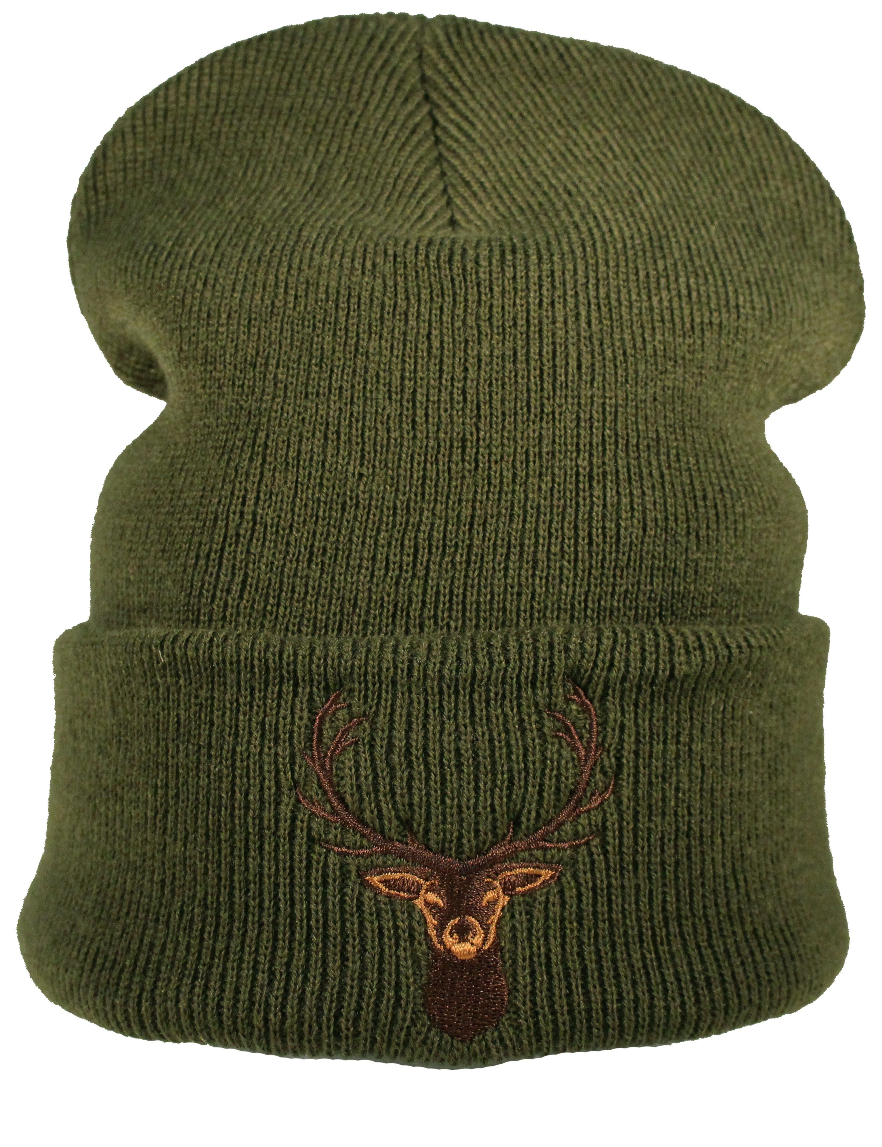 Baddery Beanie Strickmütze: "Hirsch" - Jäger Förster Wald, hochwertiger doppellagiger Strick, Stick-Motiv, One Size