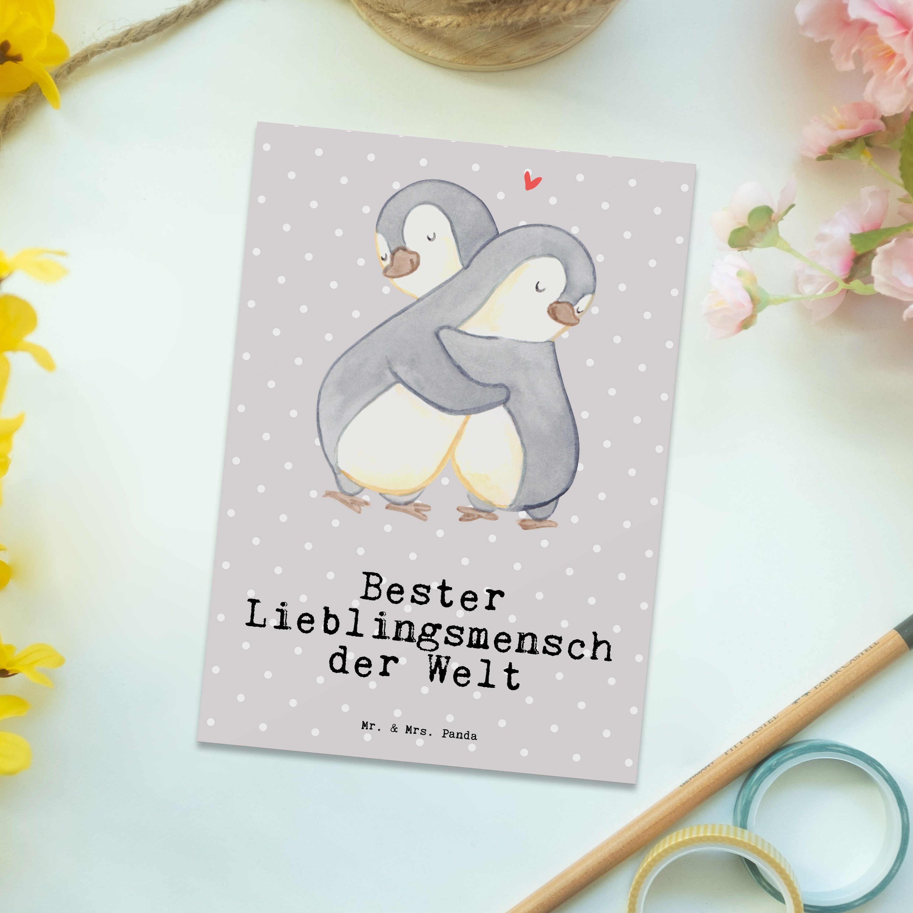 Mr. & Mrs. Panda Postkarte Pinguin Bester Lieblingsmensch der Welt, Ansichtskarte, Grau Pastell, Postkarte Postkarten spruchkarte