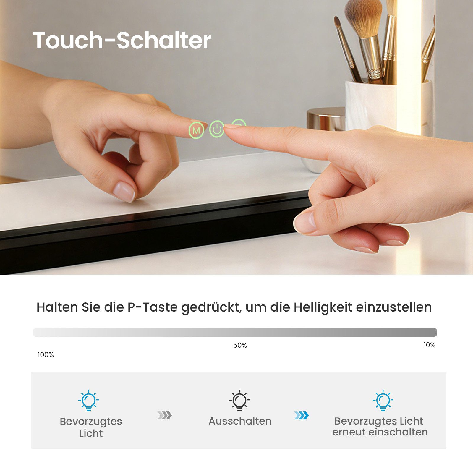 MEYKOERS Kosmetikspiegel Kosmetikspiegel mit beleuchtung und 3 Lichtfarben Dimmfunktion