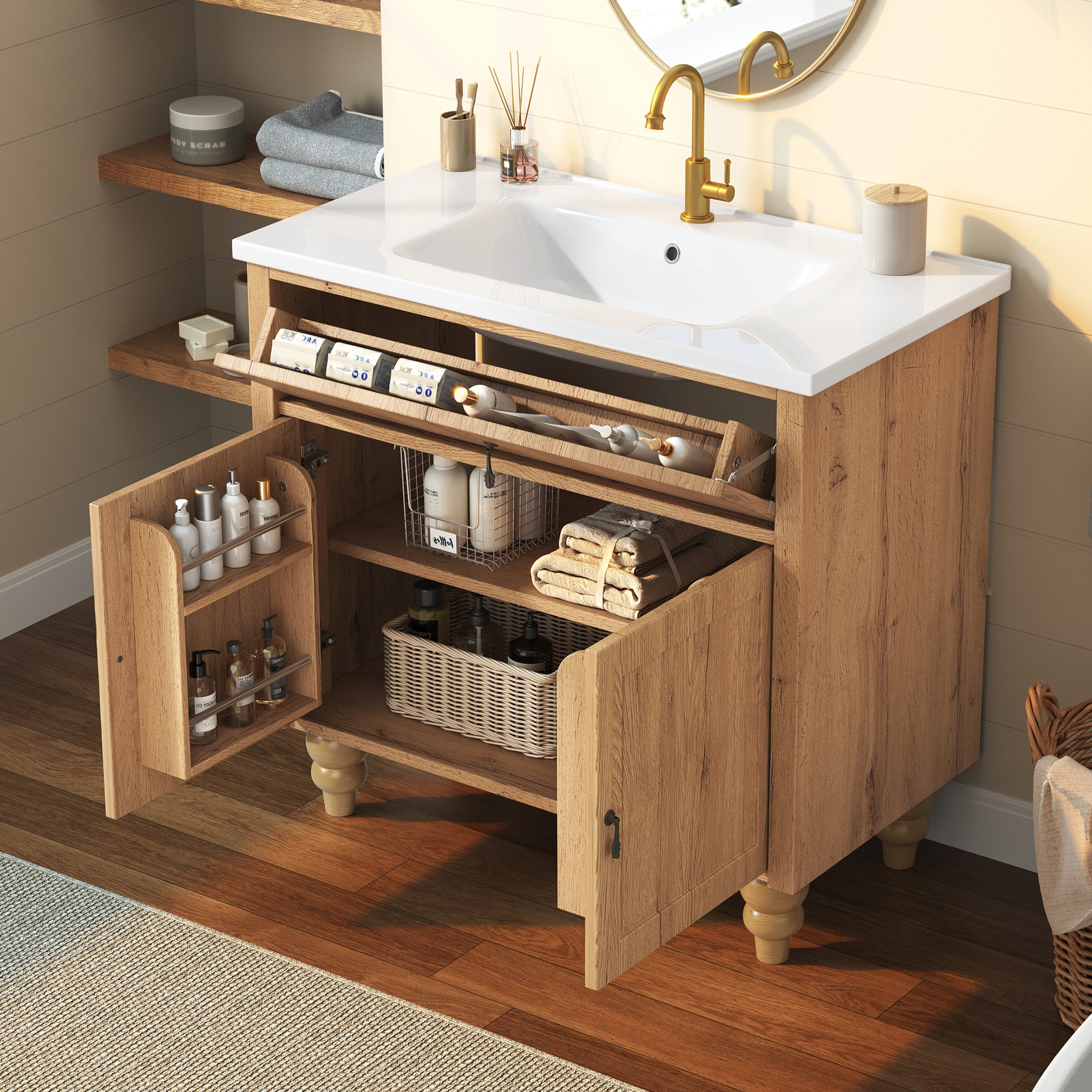 Flieks Waschtisch Waschbeckenunterschrank, Retro-Massivholzbeine & Retro-Schwenkgriff (bodenstehend, Badschrank mit Soft-Close-Funktion-Scharnieren, 1-St., 81x4 – Bild 2 von 5