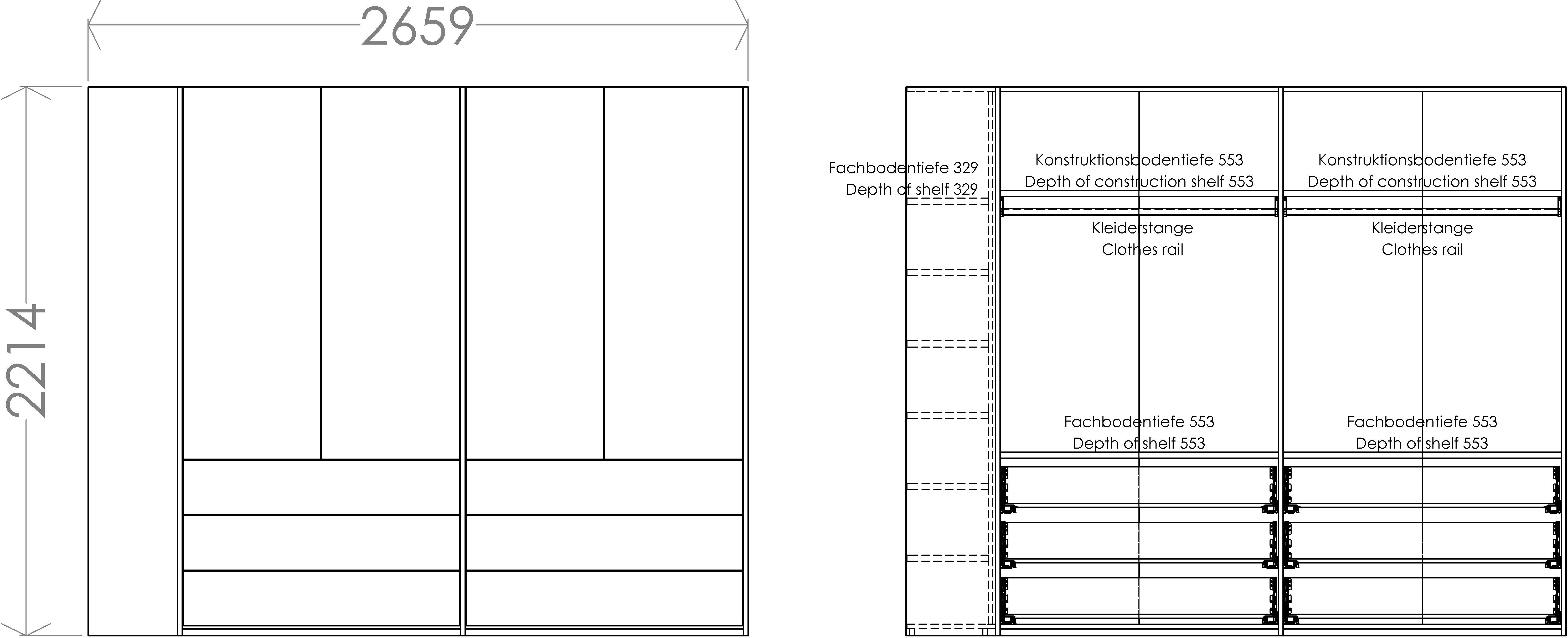 Modular LIVING weiß/birke wahlweise montierbar | Variante links Kleiderschrank 4 weiß/birke Anbauregal 6 SMALL Schubladen, rechts oder Plus Müller