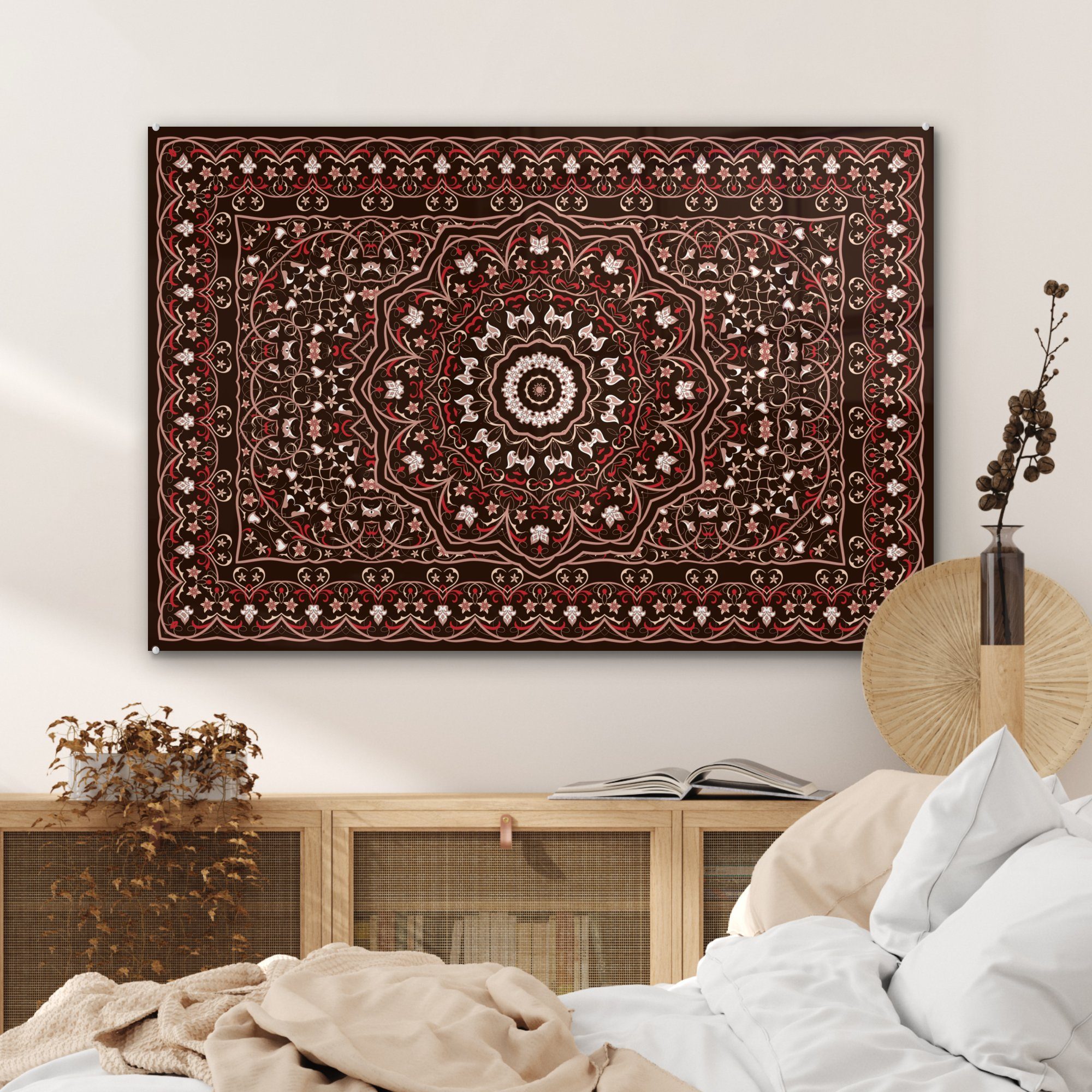 Schlafzimmer - Wohnzimmer & (1 St), - Muster Acrylglasbild Mandala - Rot, Acrylglasbilder MuchoWow Teppich