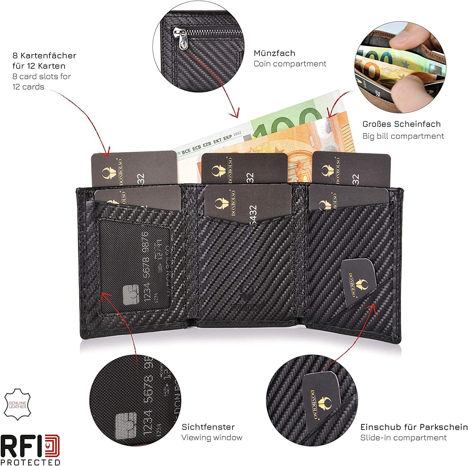 8 Fächer, echtes Carbon Leder, K, Donbolso Geldbörse 12 Schutz, Mit Slim Geldbörse, Münzfachmodernleder RFID