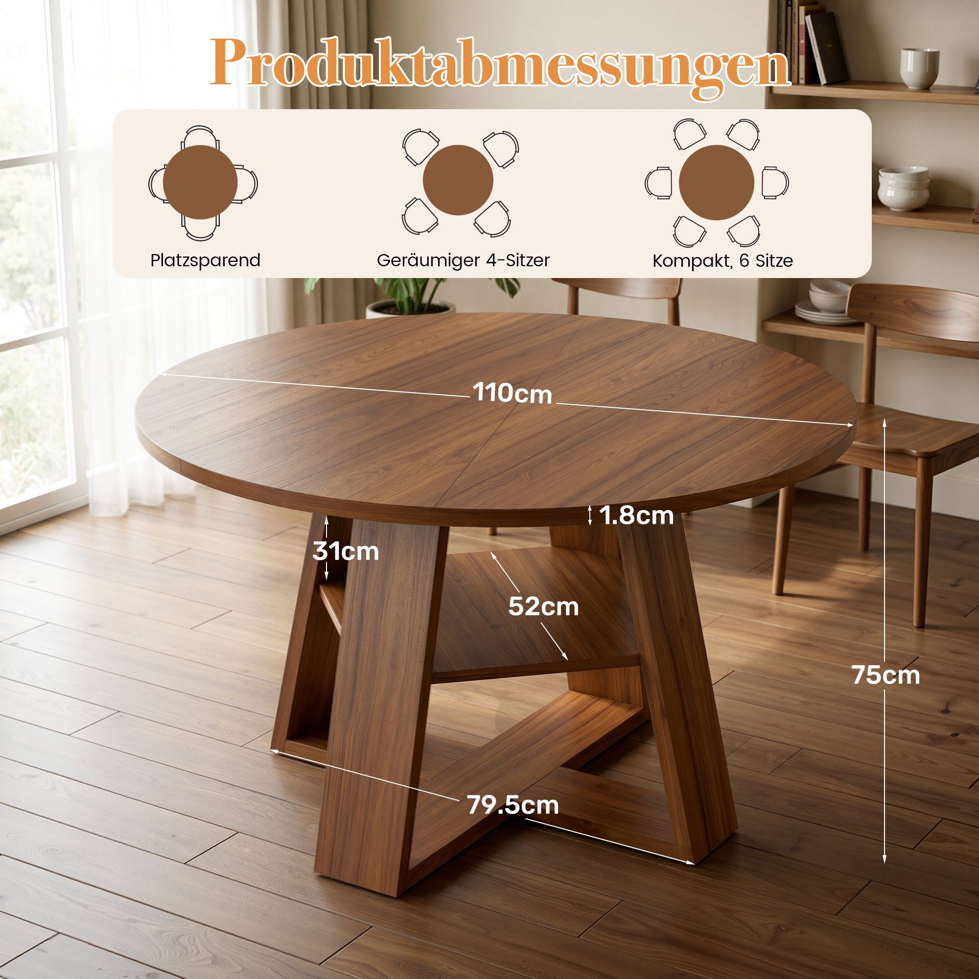 HawthyHome Esstisch aus Holz mit Ablagefach & X-förmigem Metallgestell, runder (1-St), mit Ablagefach & X-förmigem Metallgestell