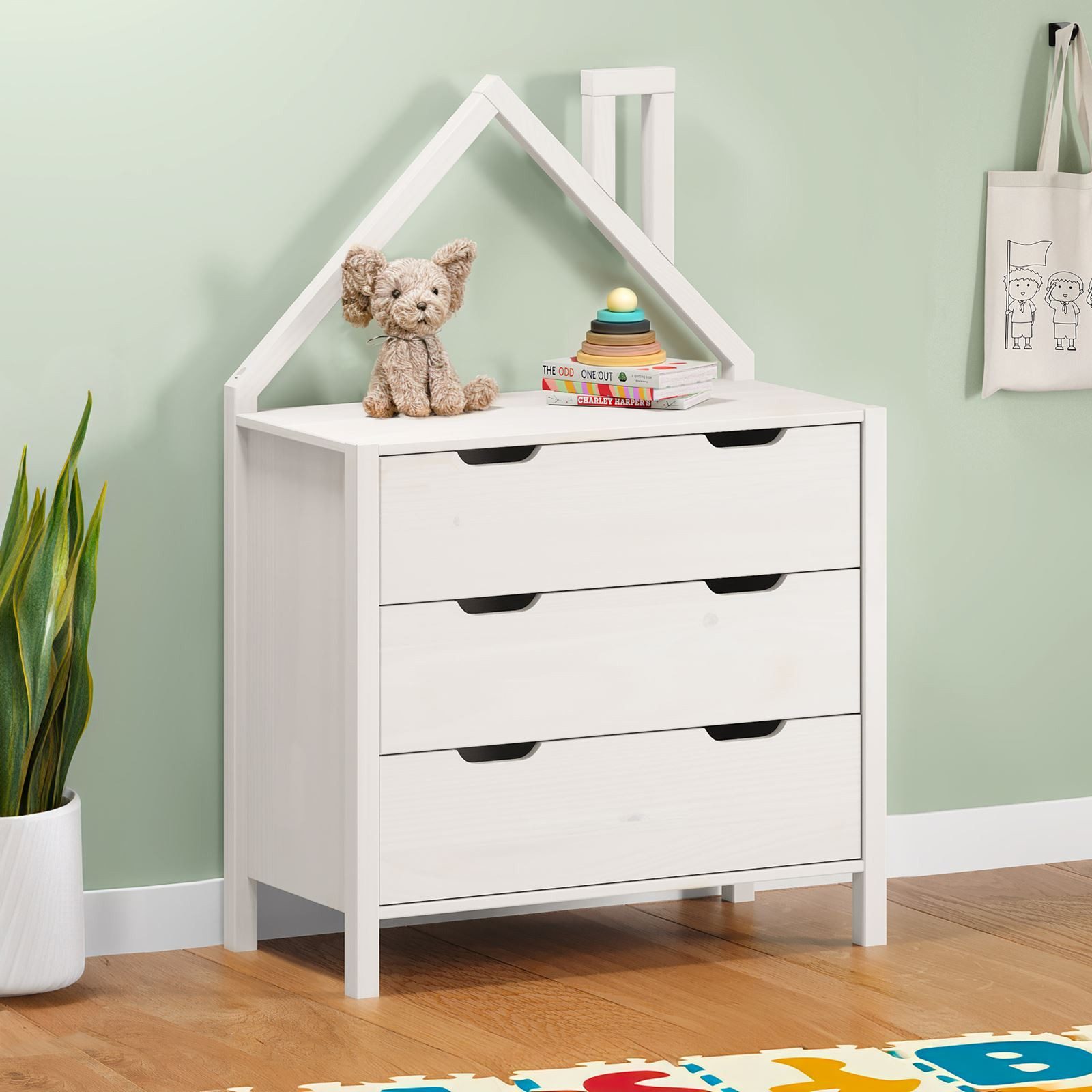 IDIMEX Kommode ELANO, Kinderzimmer Schubladenkommode aus Massivholz Haus-Form Weiß