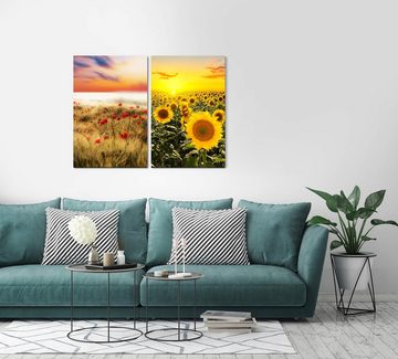 Sinus Art Leinwandbild 2 Bilder je 60x90cm Sonnenblumen Mohnblumen Sommer Sonnenschein Horizont Sonne Sonnenuntergang