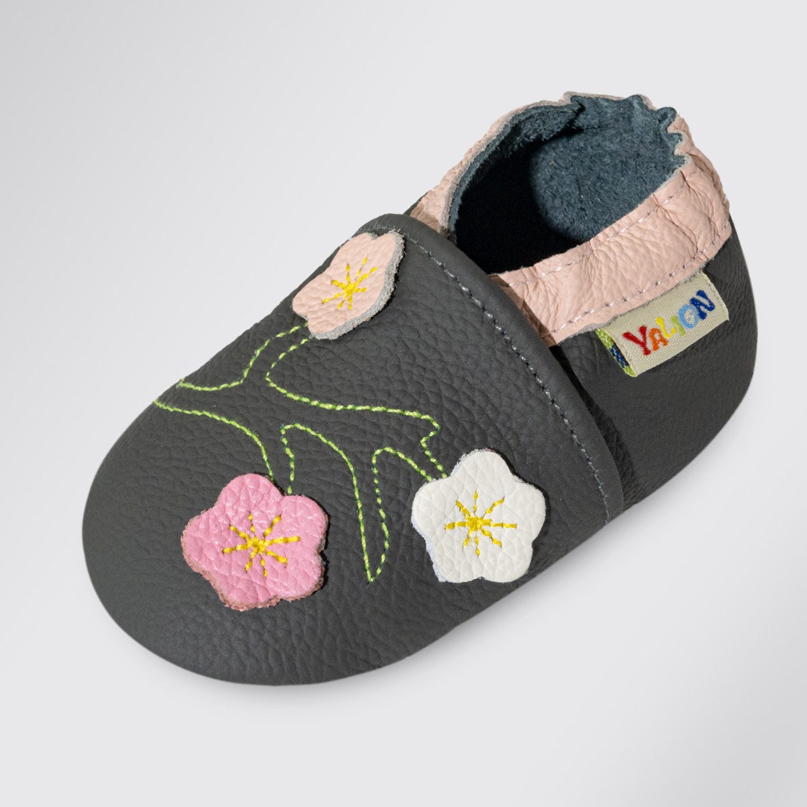 Yalion Weiche Leder Lauflernschuhe Hausschuhe Lederpuschen 3-Blumen Grau Krabbelschuh