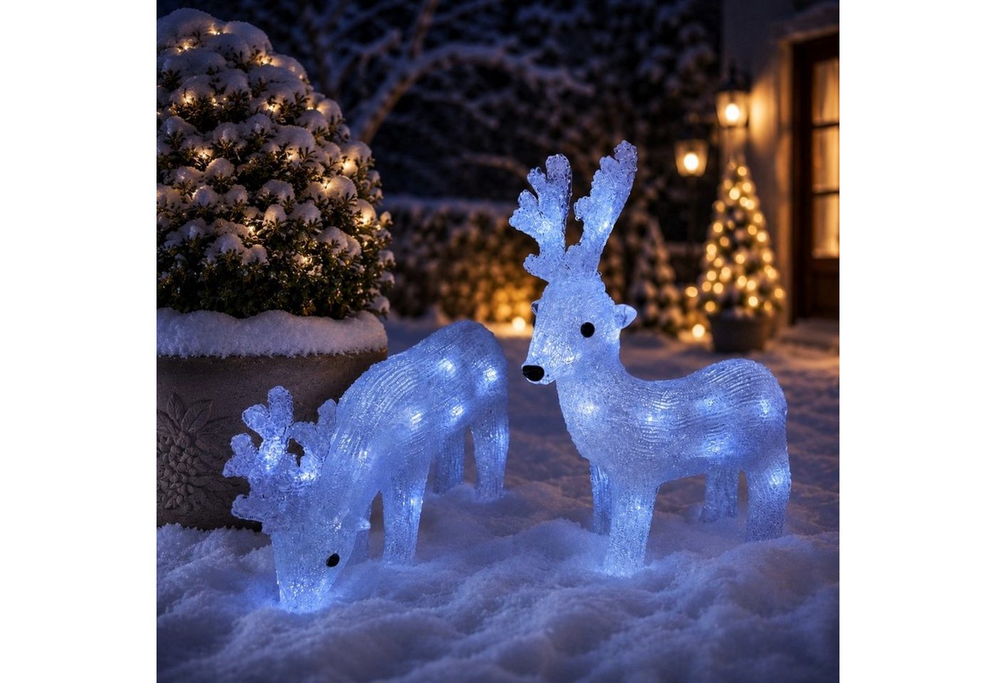 Online-Fuchs Weihnachtsfigur 2 Hirsche aus Acrylglas mit LED-Beleuchtung - Weihnachtsdeko für außen (kaltweiße Beleuchtung, 8 verschiedene Leuchtmodi), innovative Hybrid-Solarfunktion mit Solarpanel und Batterien