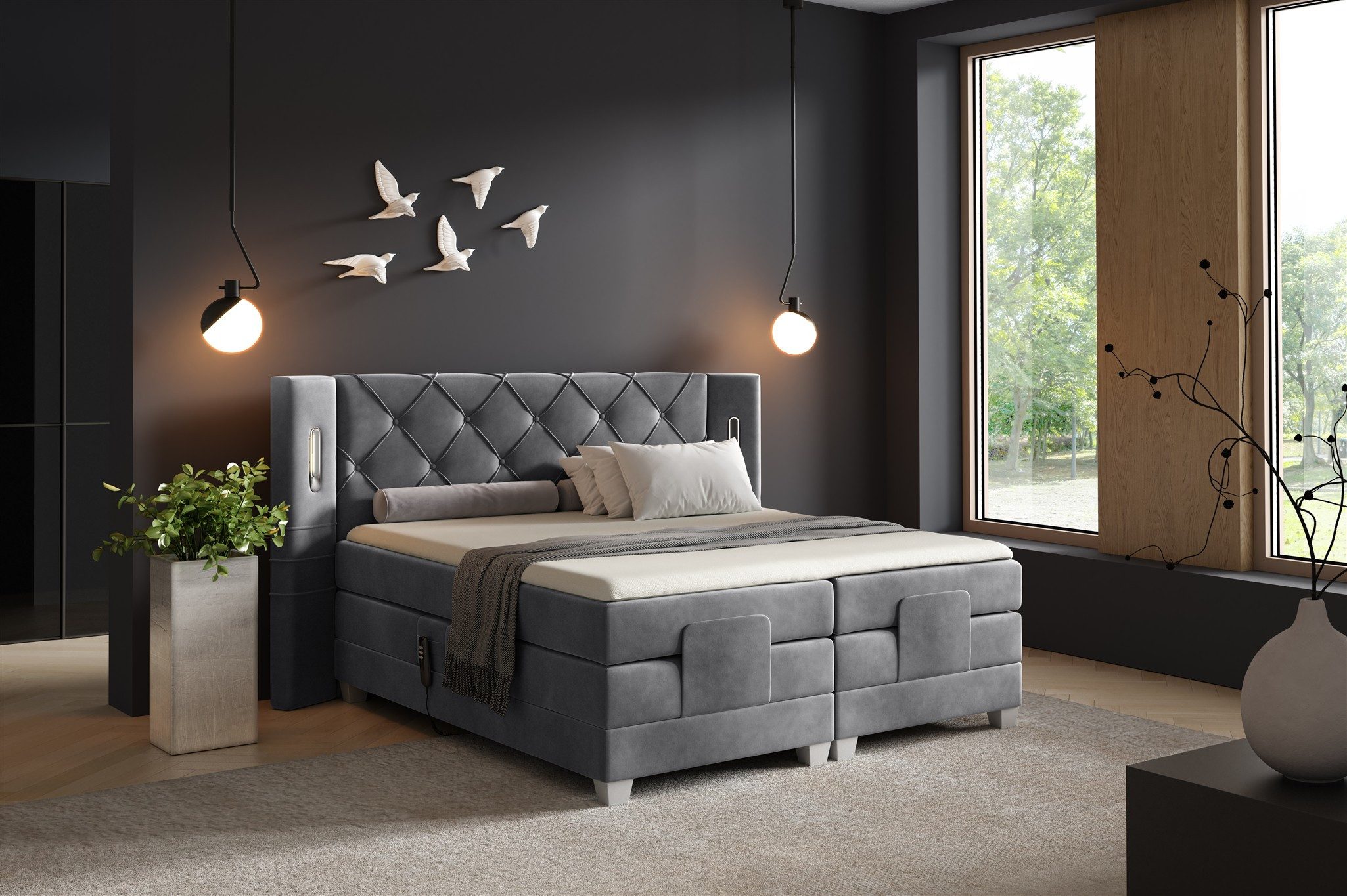 Fun Möbel Boxspringbett Schlafzimmerbett STEVE Elektrisch in Stoff Fresh, Fuß- und Kopfteil elektrisch verstellbar, Ambientebeleuchtung