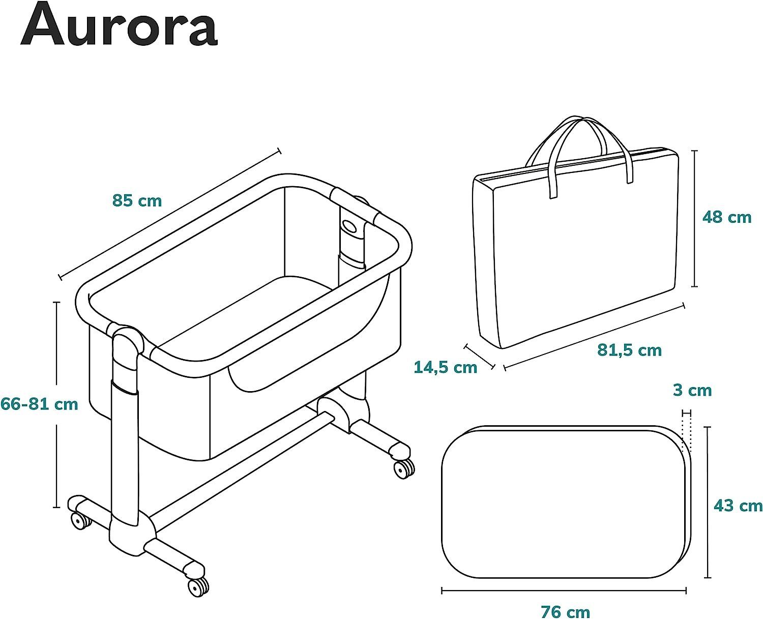 lionelo freistehendes Babywiege, Grau 3-in-1: AURORA, Beistellbett, Baby-Reisebett Babybett