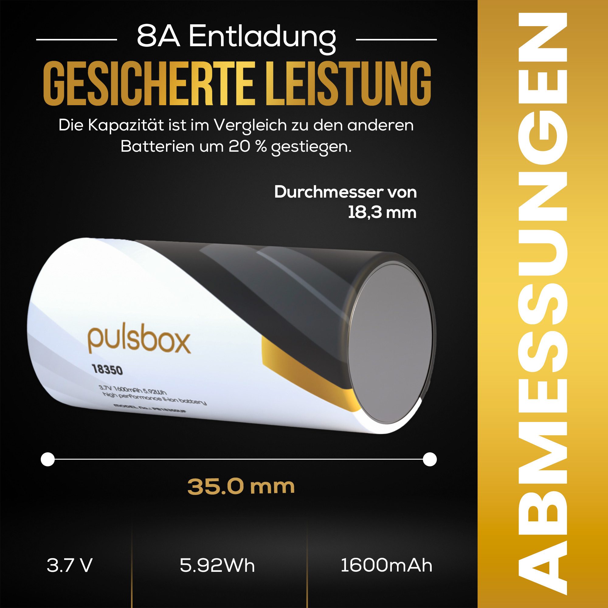 pulsbox 18350 Akku Li-Ion 1600mAh 8A - Flat Top/Button Top Batterie 2 x Akku