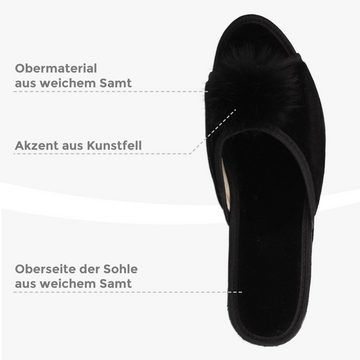 filsko Latina Elegante Samt Pantoffeln für Damen mit Puschel Hausschuh