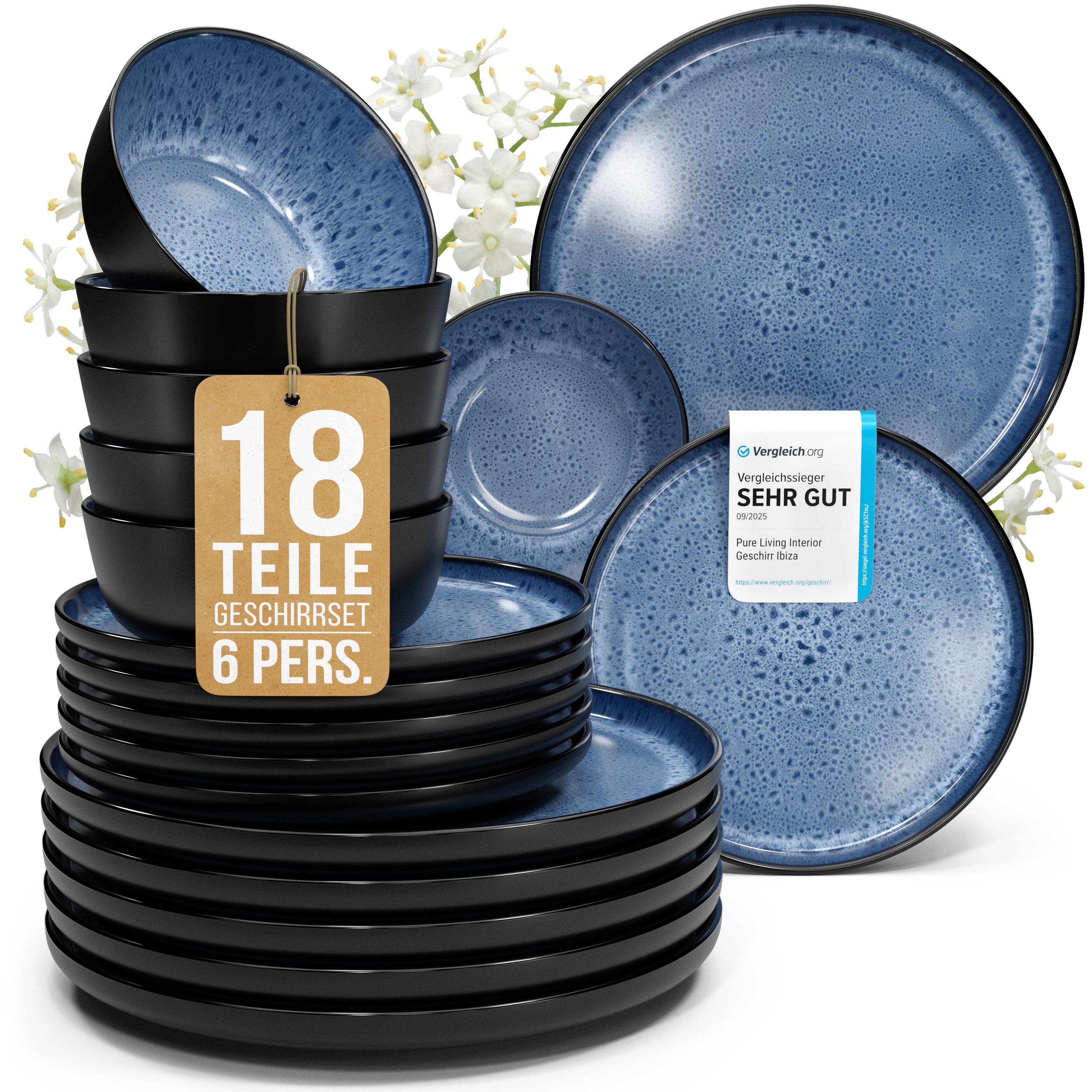PURE LIVING INTERIOR DESIGN Geschirr-Set Ibiza aus Steingut, 18-tlg., für 6 Personen, Tiefblau (18-tlg), 6 Personen, Steingut