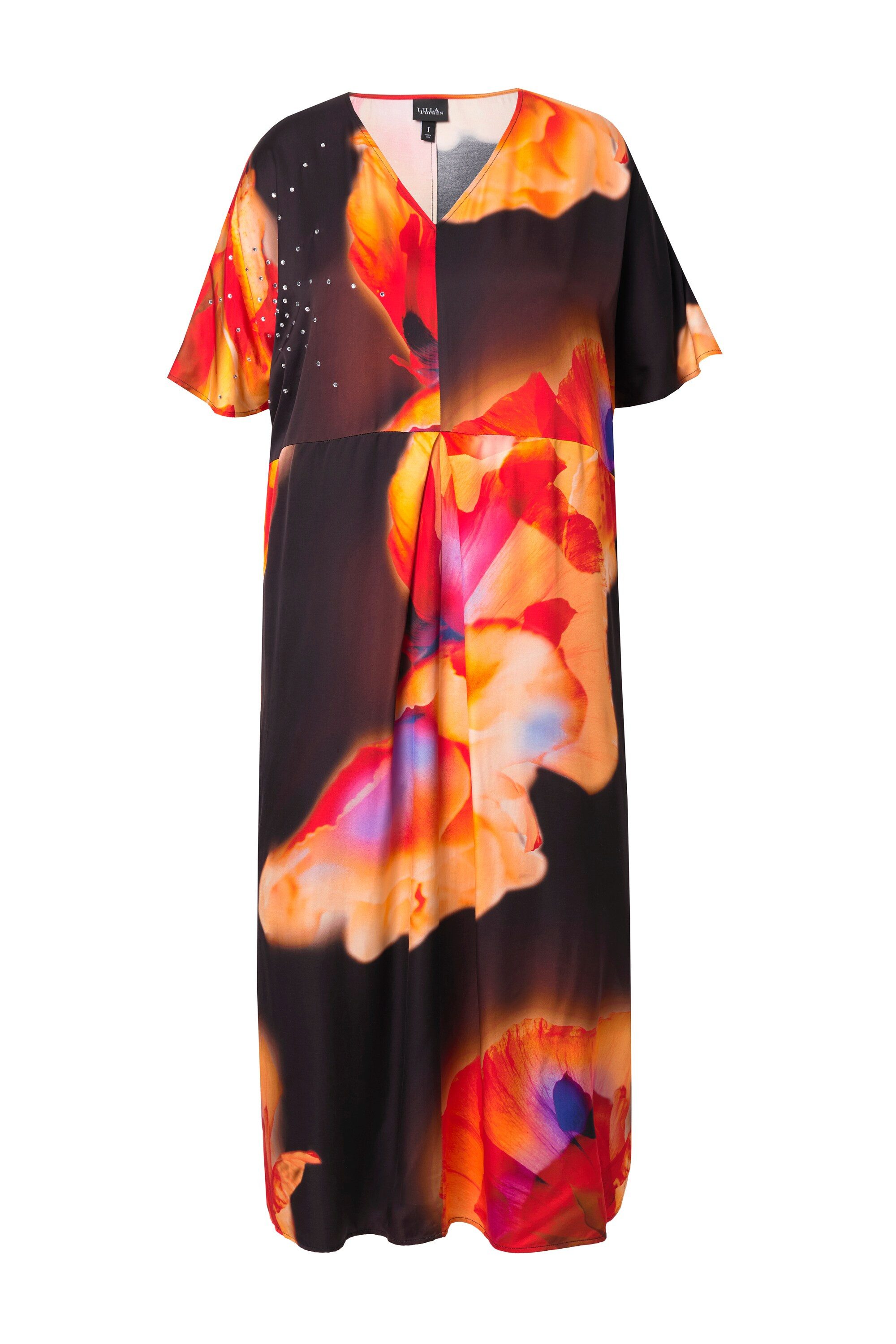 Ulla Popken Cocktailkleid Satin-Kaftan Blüten Ziersteine V-Ausschnitt günstig online kaufen
