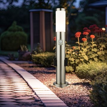 etc-shop Pollerleuchte, Leuchtmittel nicht inklusive, 2er Set Edelstahl Steh Lampe Außen Steckdosen Bewegungsmelder Garten