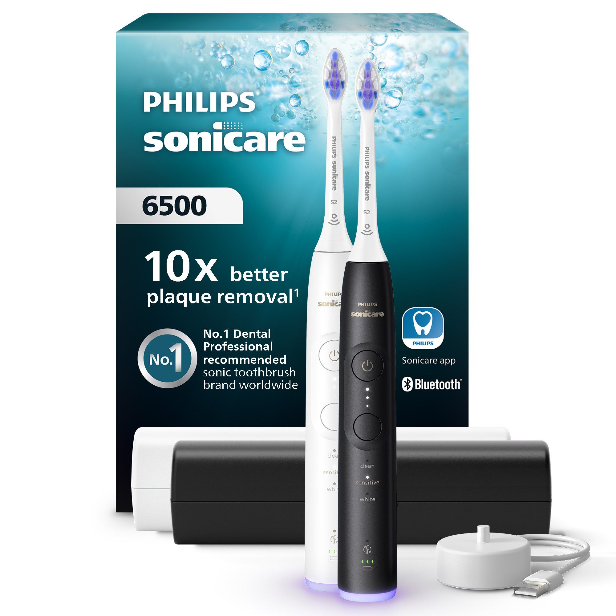 Philips Sonicare Elektrische Zahnbürste Series 6500 HX7419/01, Aufsteckbürsten: 2 St., mit Andruckkontrolle, 3 Intensitätsstufen, inkl. Ladegerät, Reiseetui