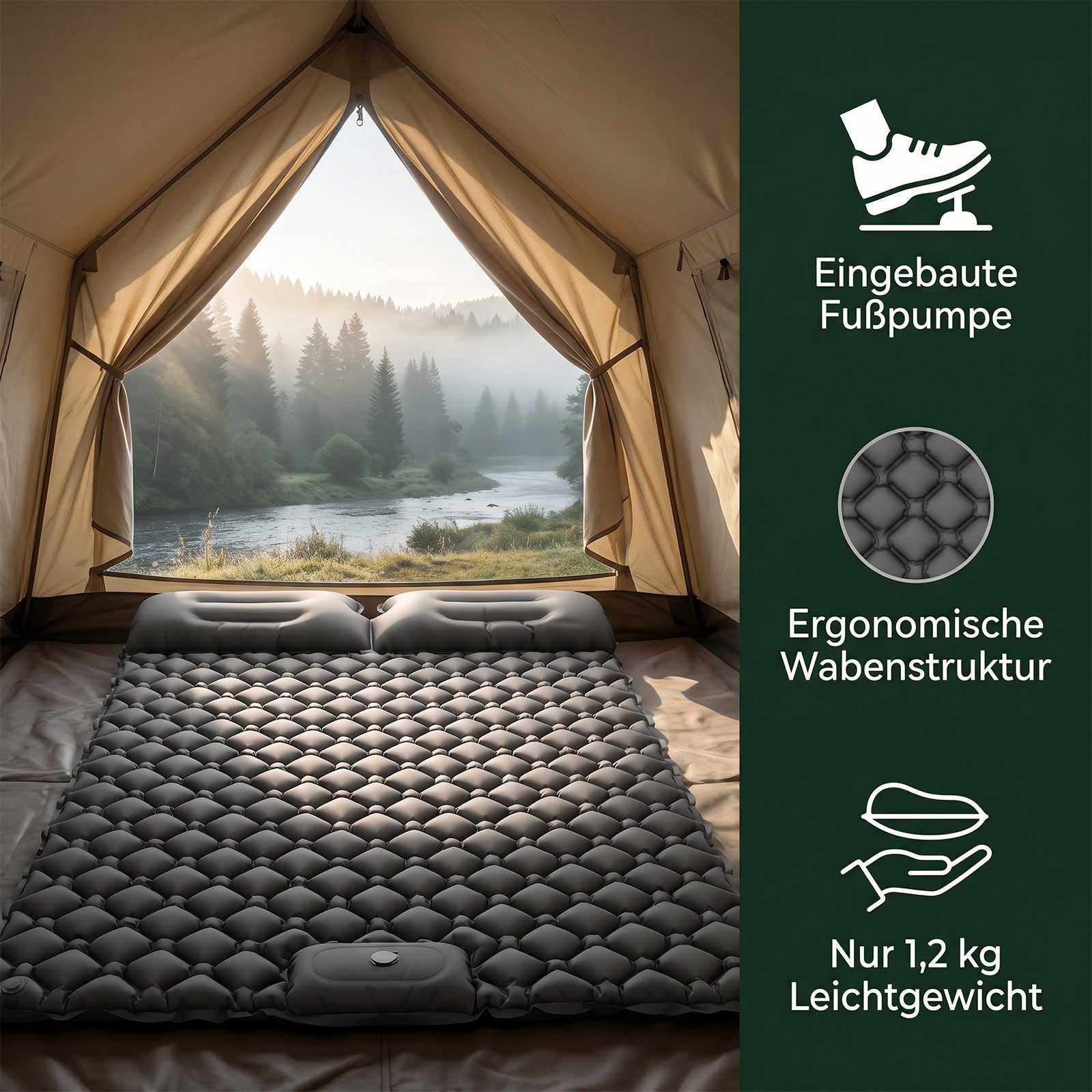 AKKEE Isomatte Campingmatte mit Kissen, Isomatte Outdoor, 2 Personen, Selbstaufblasend, Isomatte Ultraleicht, Isomatte Camping Outdoor – Bild 5 von 5